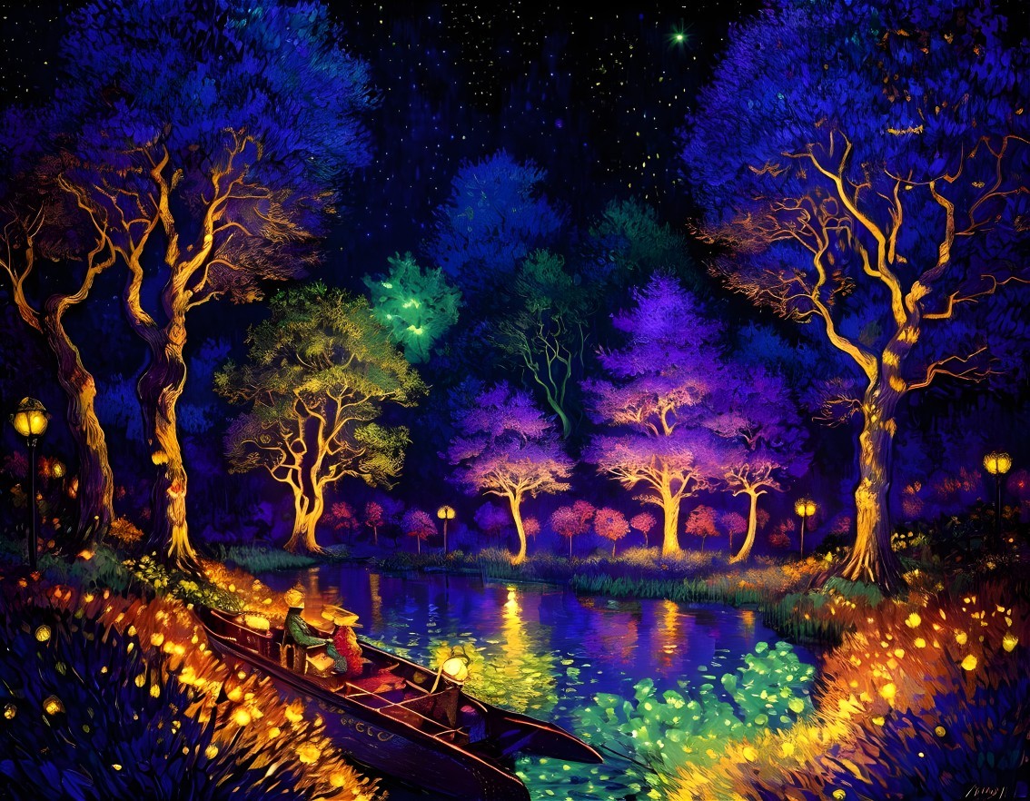 Colorful night scene with starry sky, luminous trees, river, boat, and glowing lights