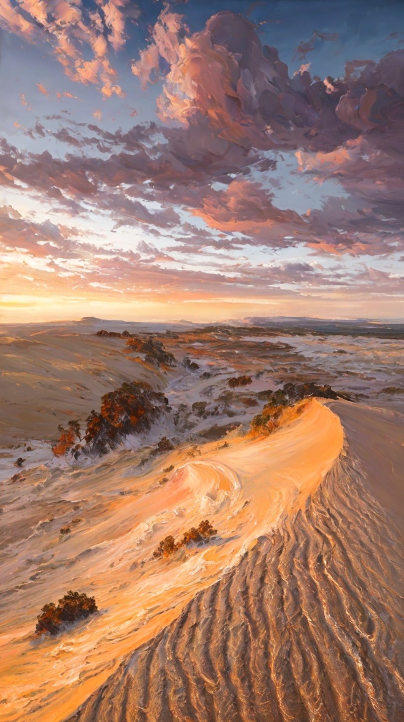 Vibrant Sunset Desert Landscape Oil Painting Description