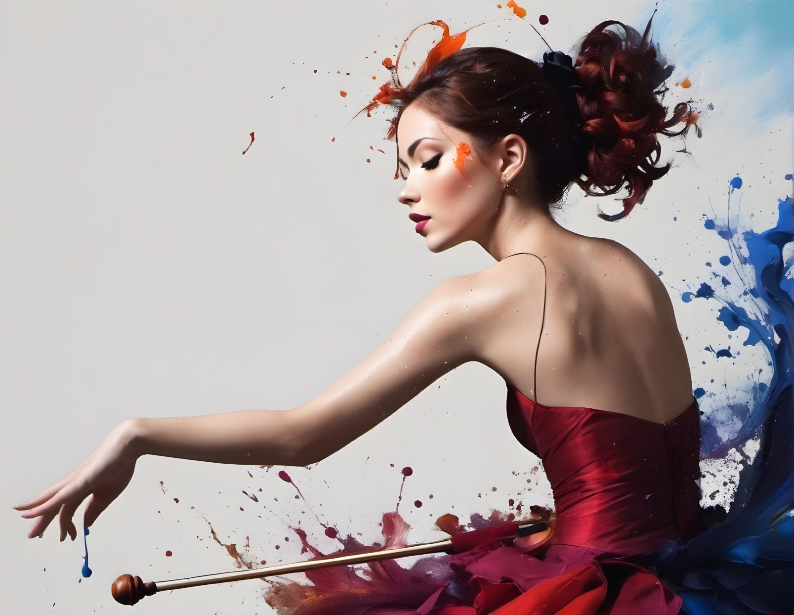 Woman in Red Dress Surrounded by Dynamic Paint Splashes