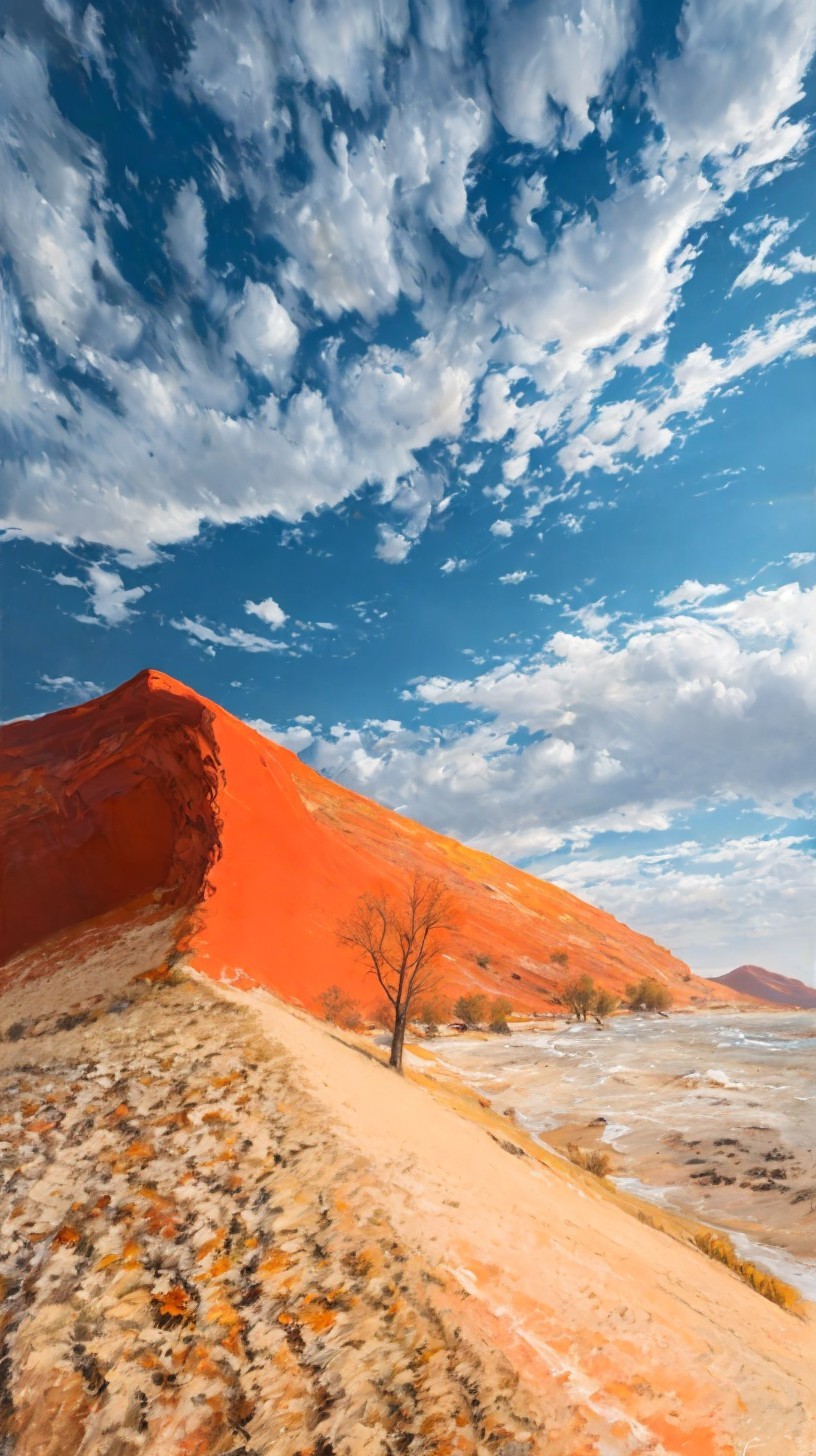 Desert Landscape with Orange Sand Dune and Tree