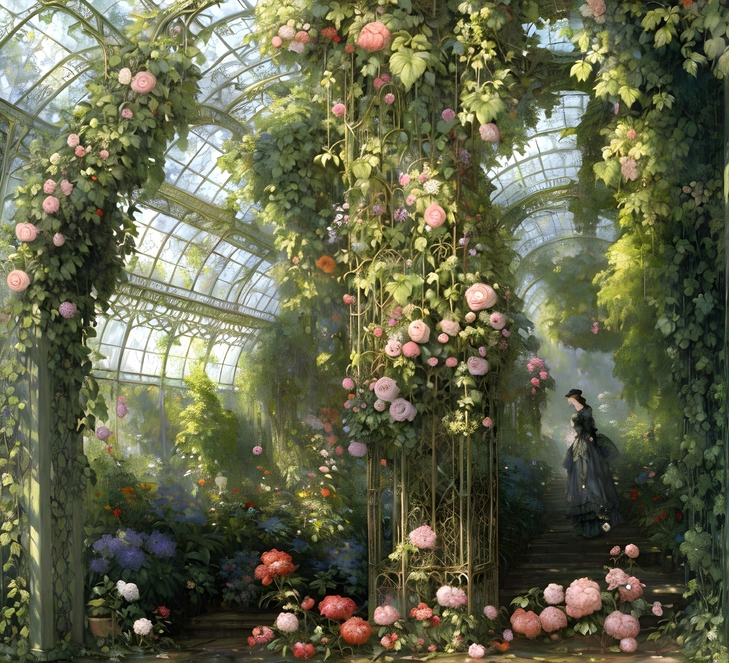 Vintage attire woman walking in lush greenhouse with blooming flowers