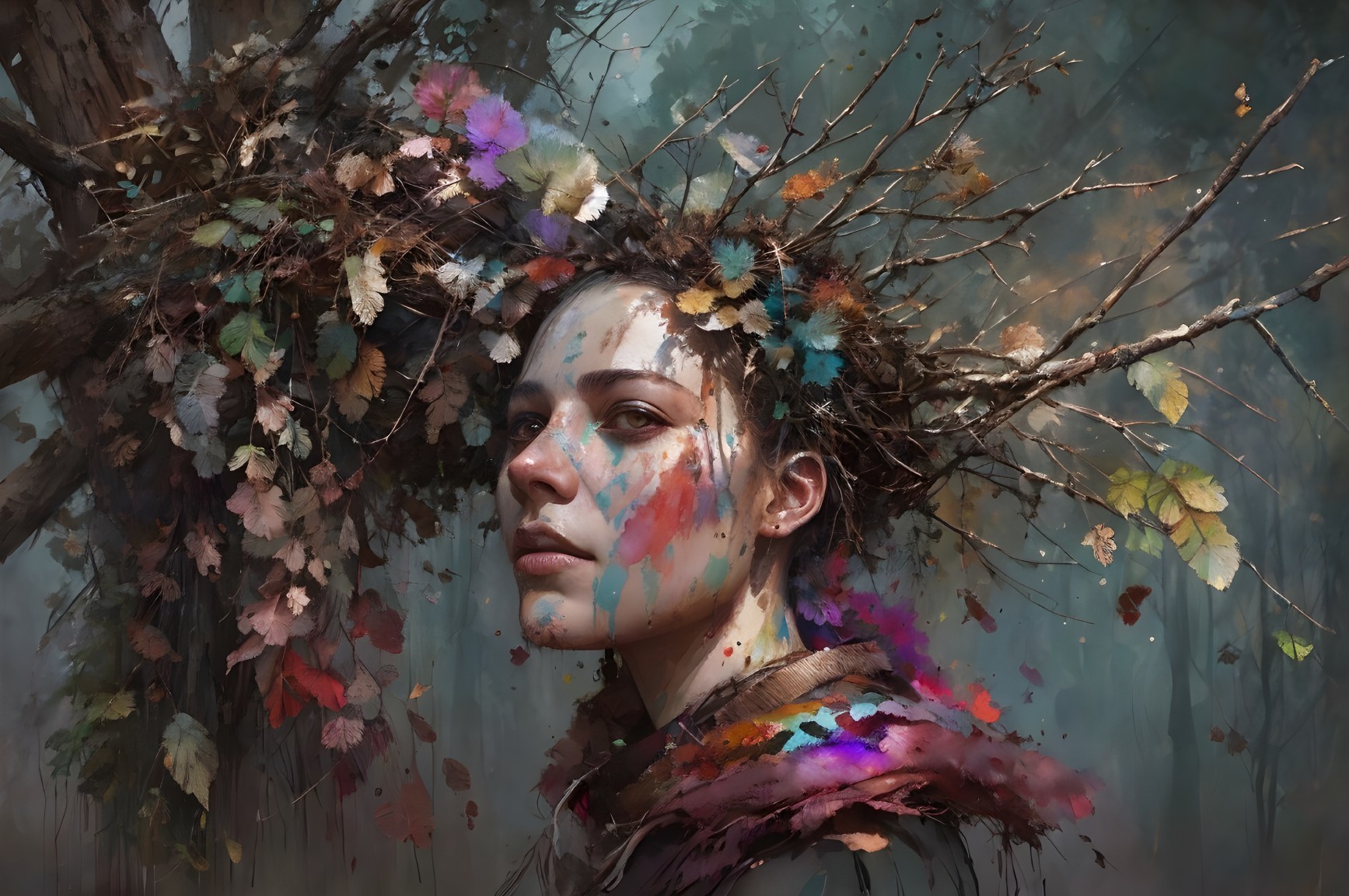 Woman with Branch Crown in Autumn Forest Painting