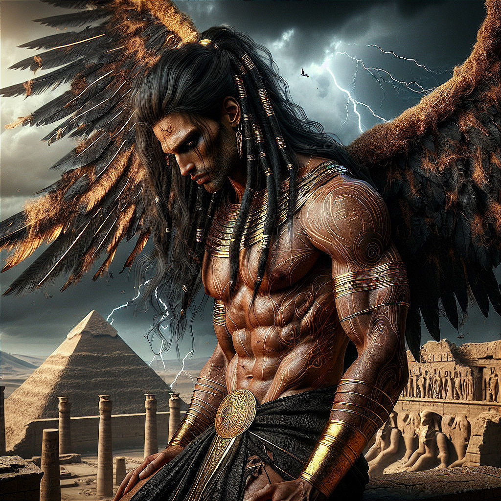 Muscular Figure with Wings in Dramatic Landscape