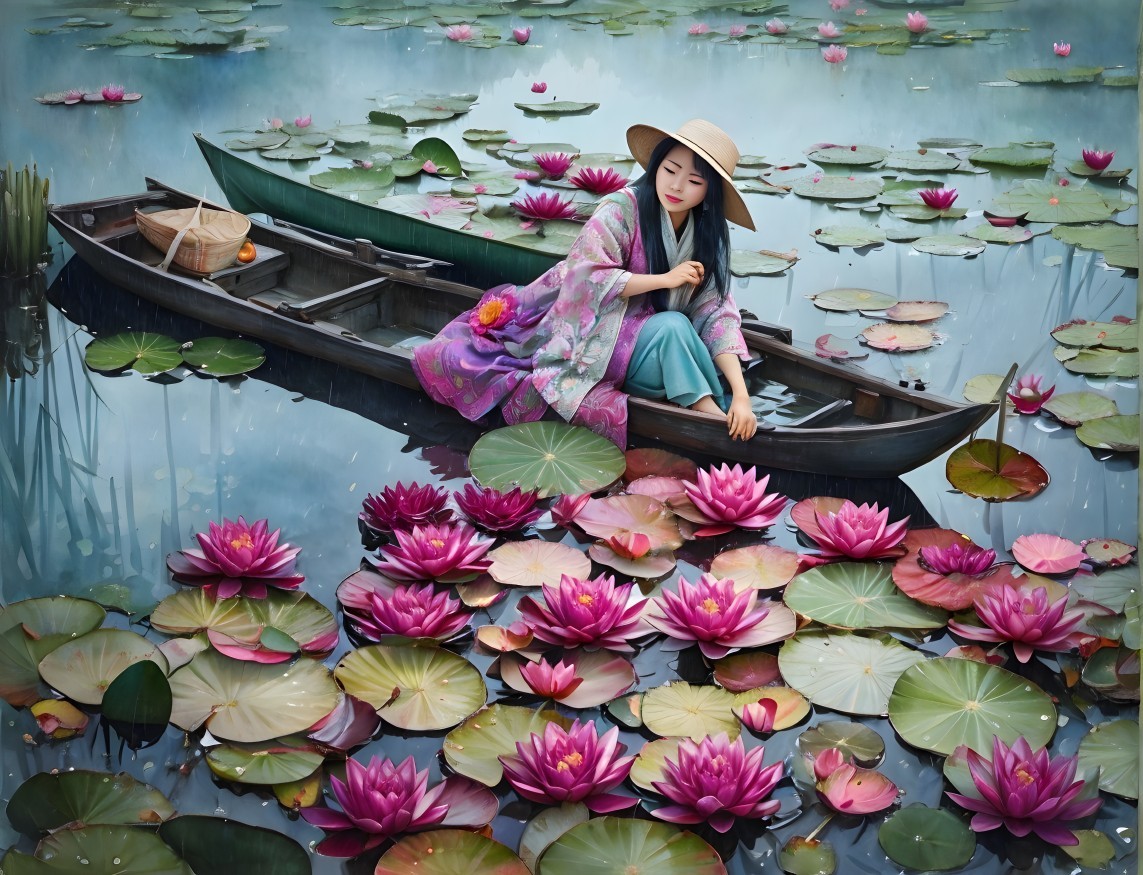 Young Woman in Boat Surrounded by Water Lilies