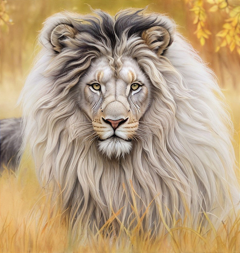 Lion with Luxurious Mane Among Autumn Foliage