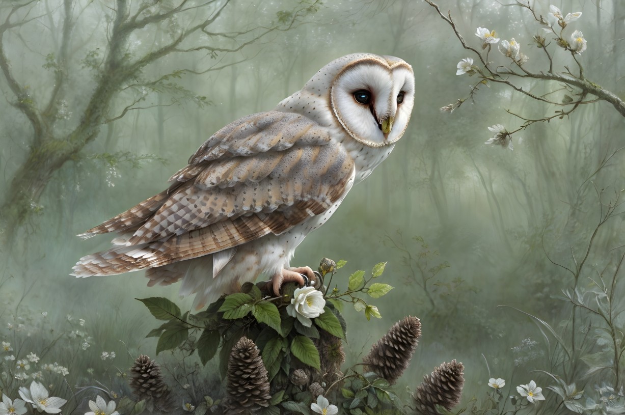 Serene owl on branch in misty forest with white blossoms and pine cones