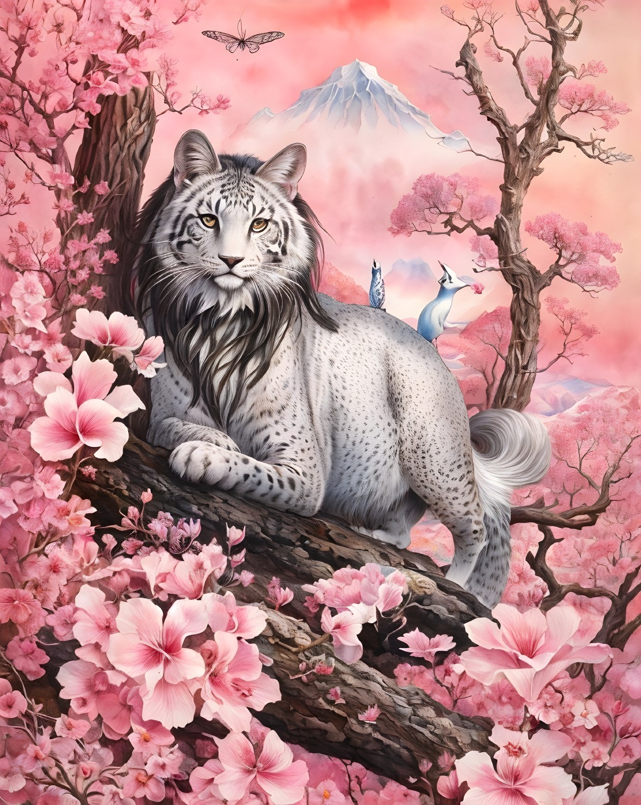 White lion lounging on blossoming tree branch with mountain backdrop