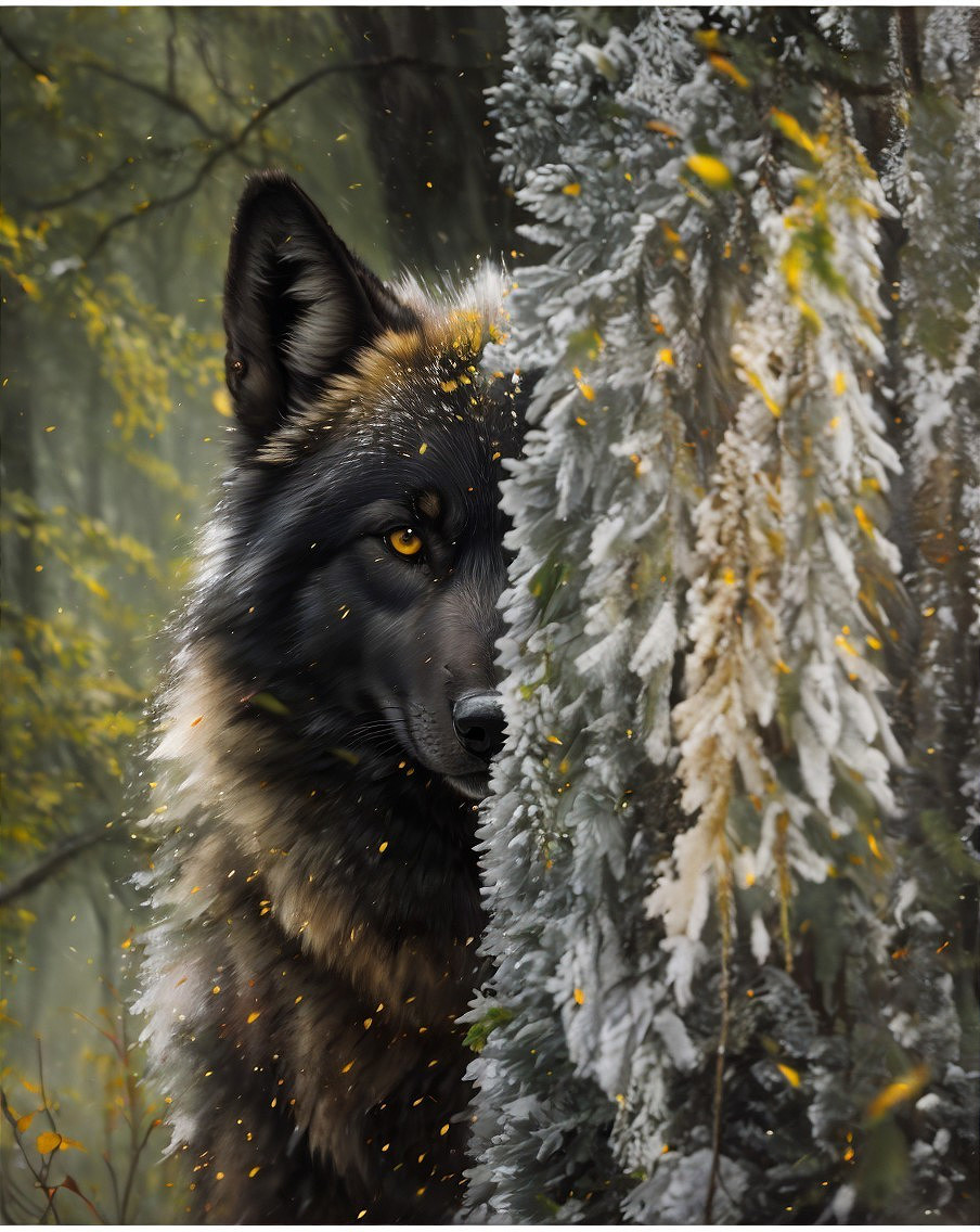 Majestic Wolf Among Frosty Trees in Winter Forest
