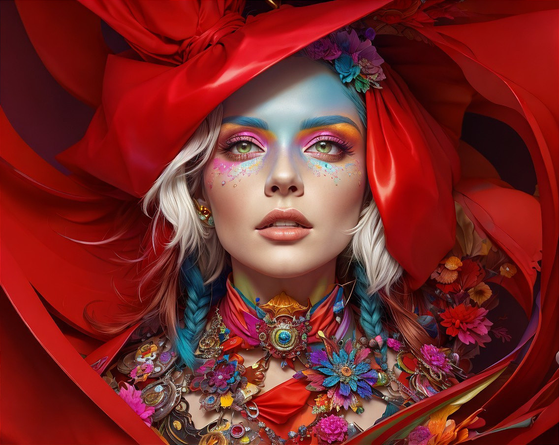 Vivid Portrait of Woman with Bold Makeup and Hat