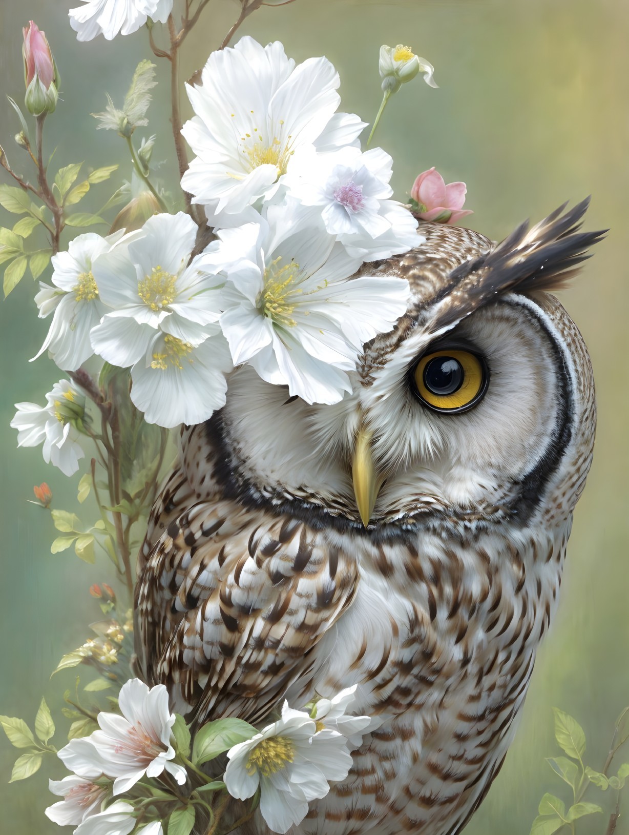 Camouflaged owl among white blossoms with detailed plumage and yellow eye.