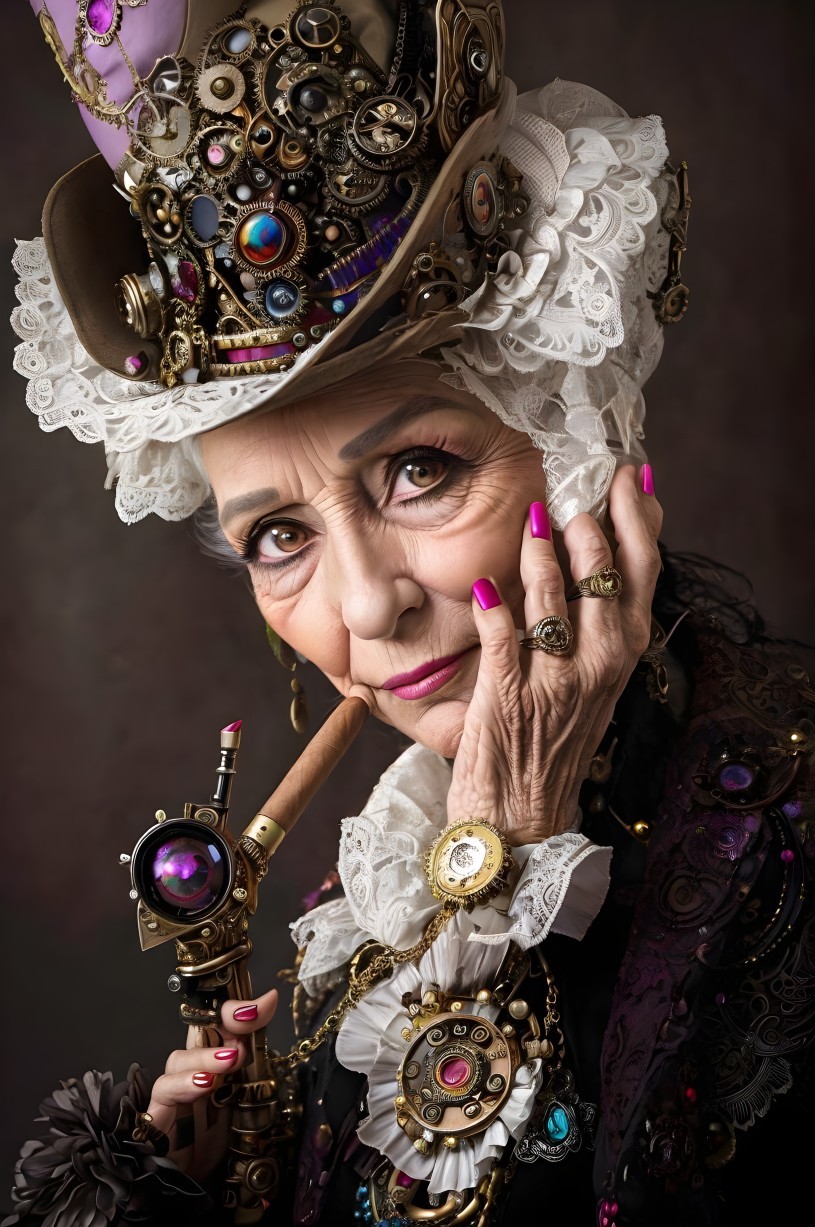 Elderly Woman in Steampunk Attire with Accessories