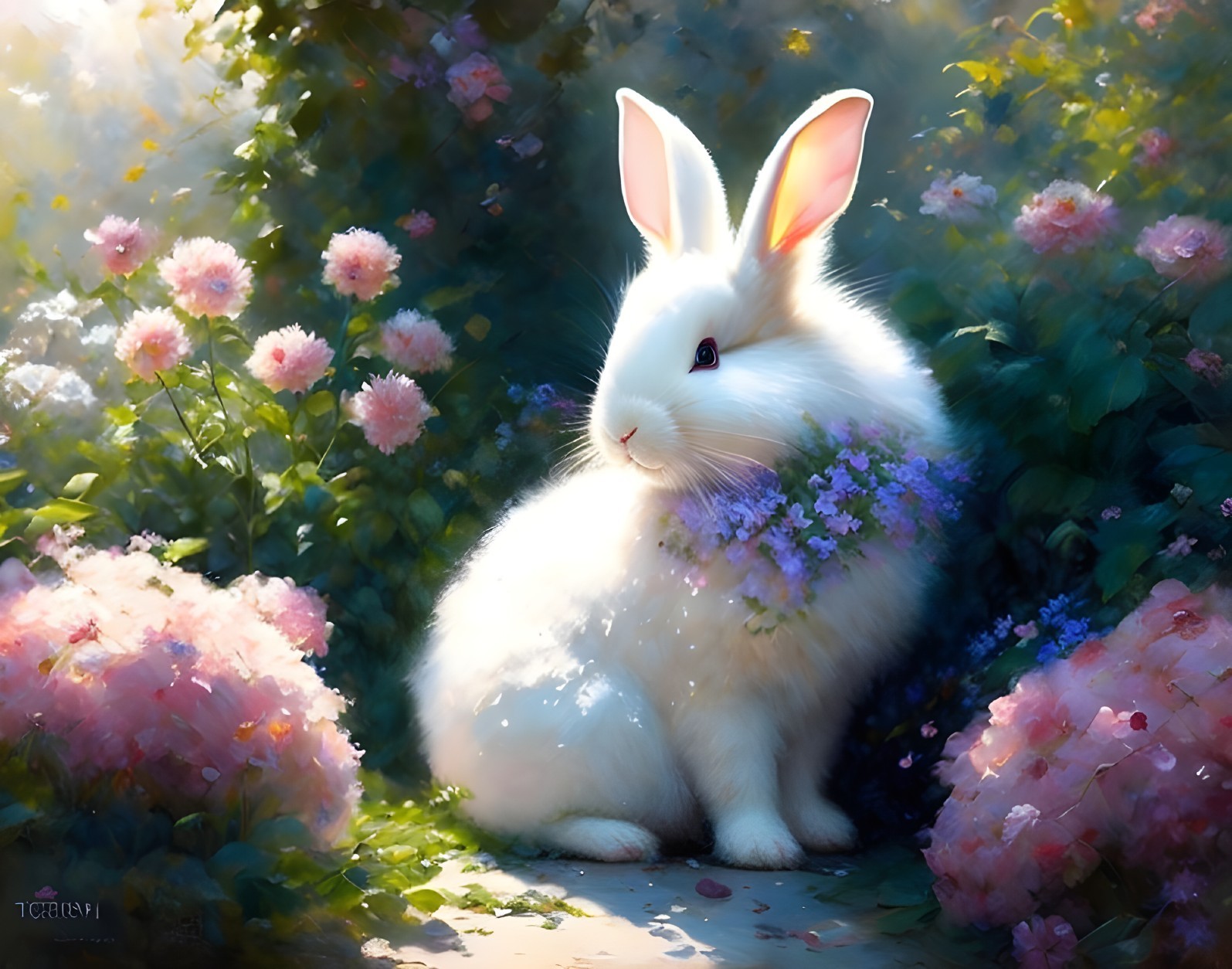 Fluffy White Rabbit in a Colorful Flower Garden