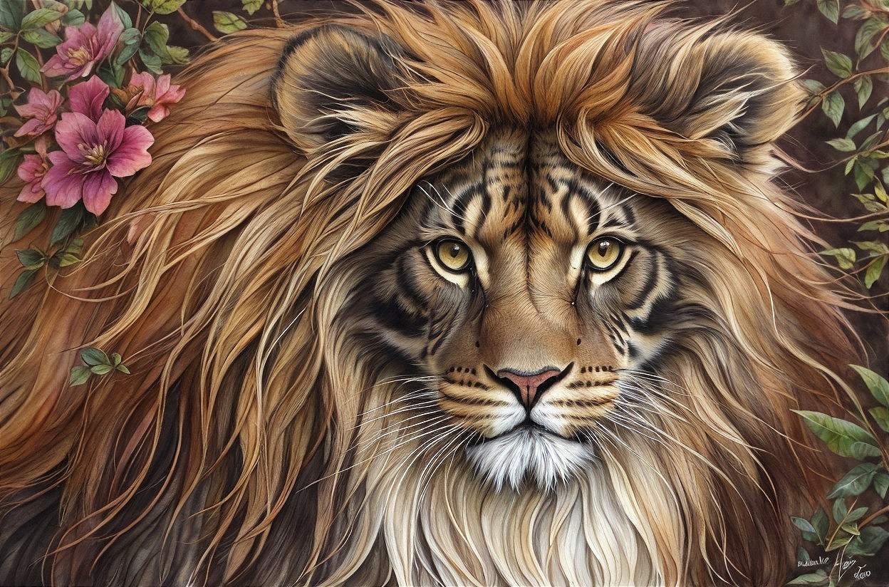 Realistic Lion Face Surrounded by Foliage and Flowers