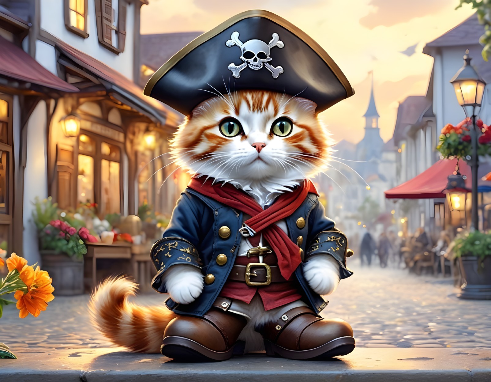 Adorable Cat Dressed as Pirate in Charming Village