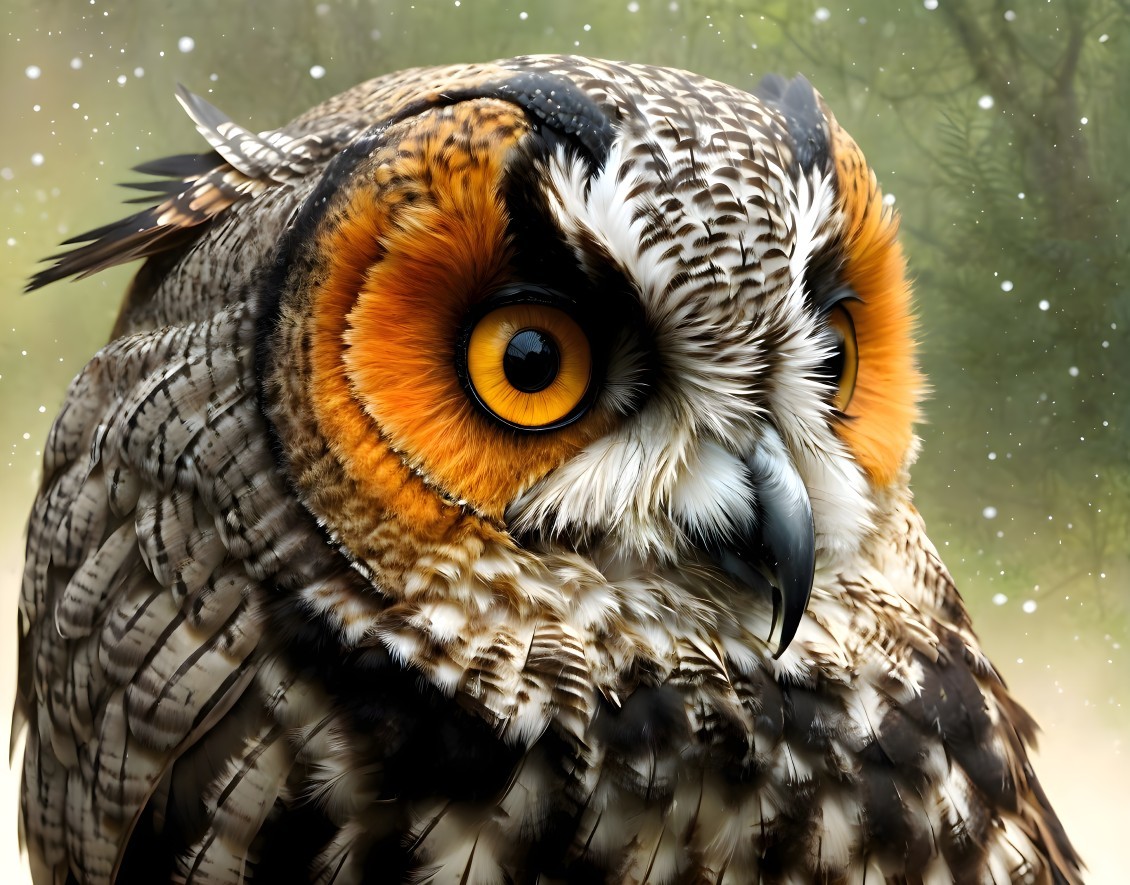 Detailed Owl Portrait with Orange Eyes and Snowfall Background