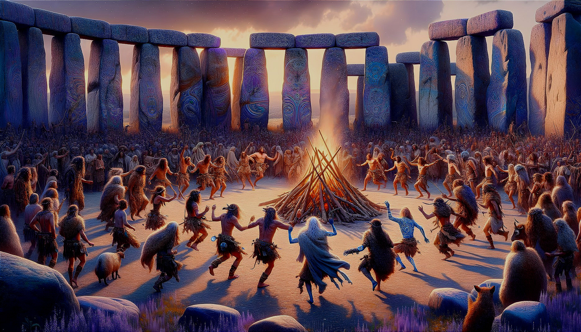 Ceremonial Gathering Around a Central Bonfire Scene