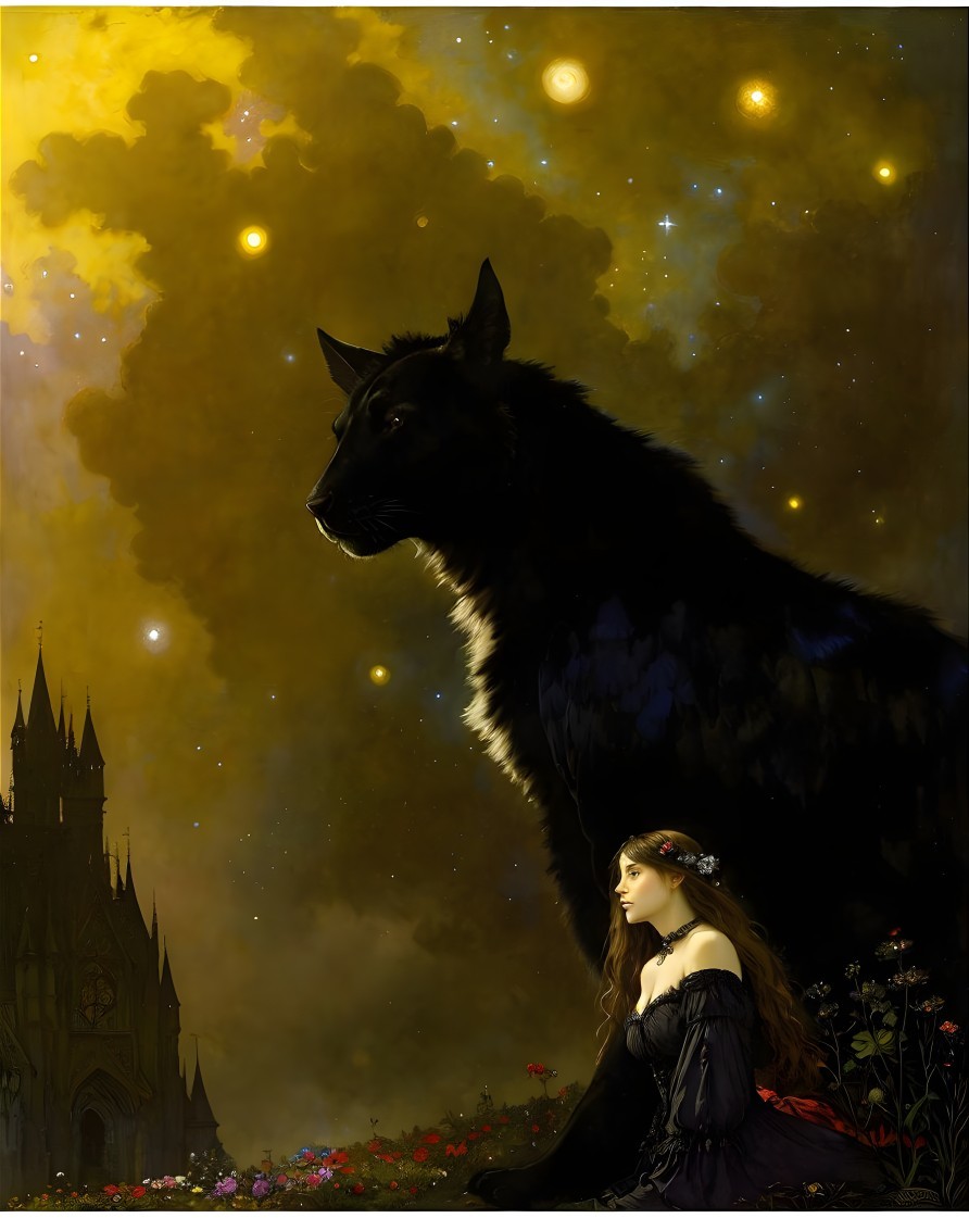 Woman in Black Gown with Wolf Under Starry Sky