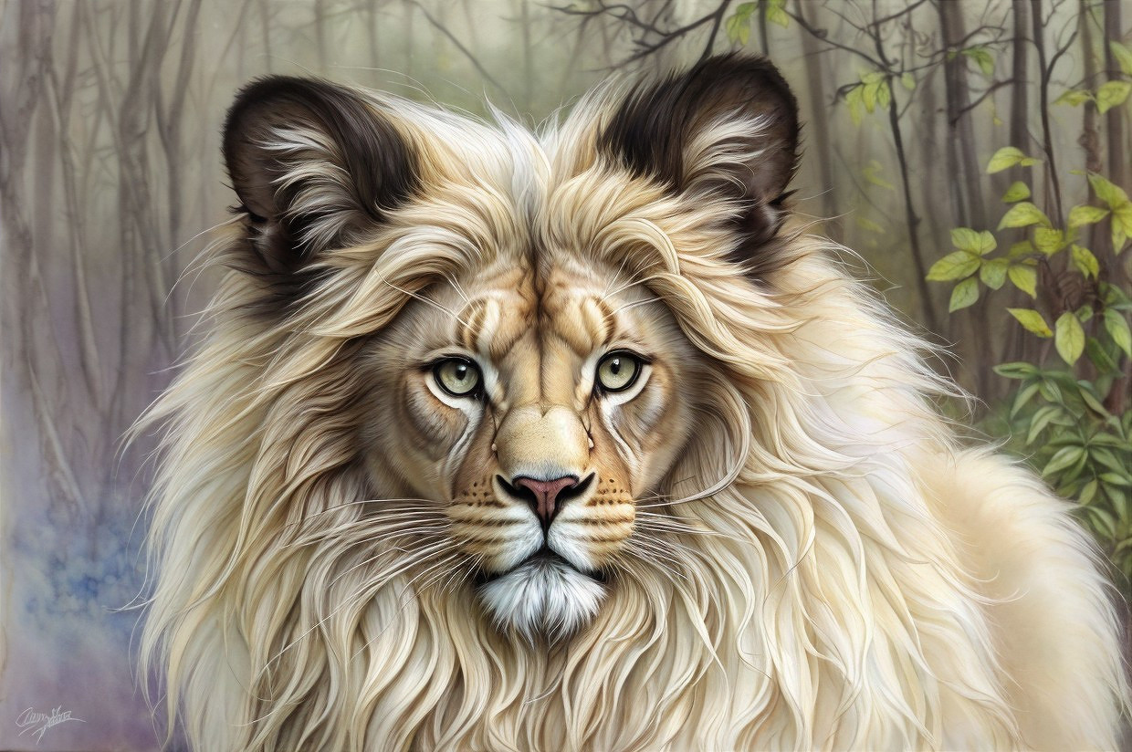 Digital Artwork of a Majestic Lion in a Misty Forest