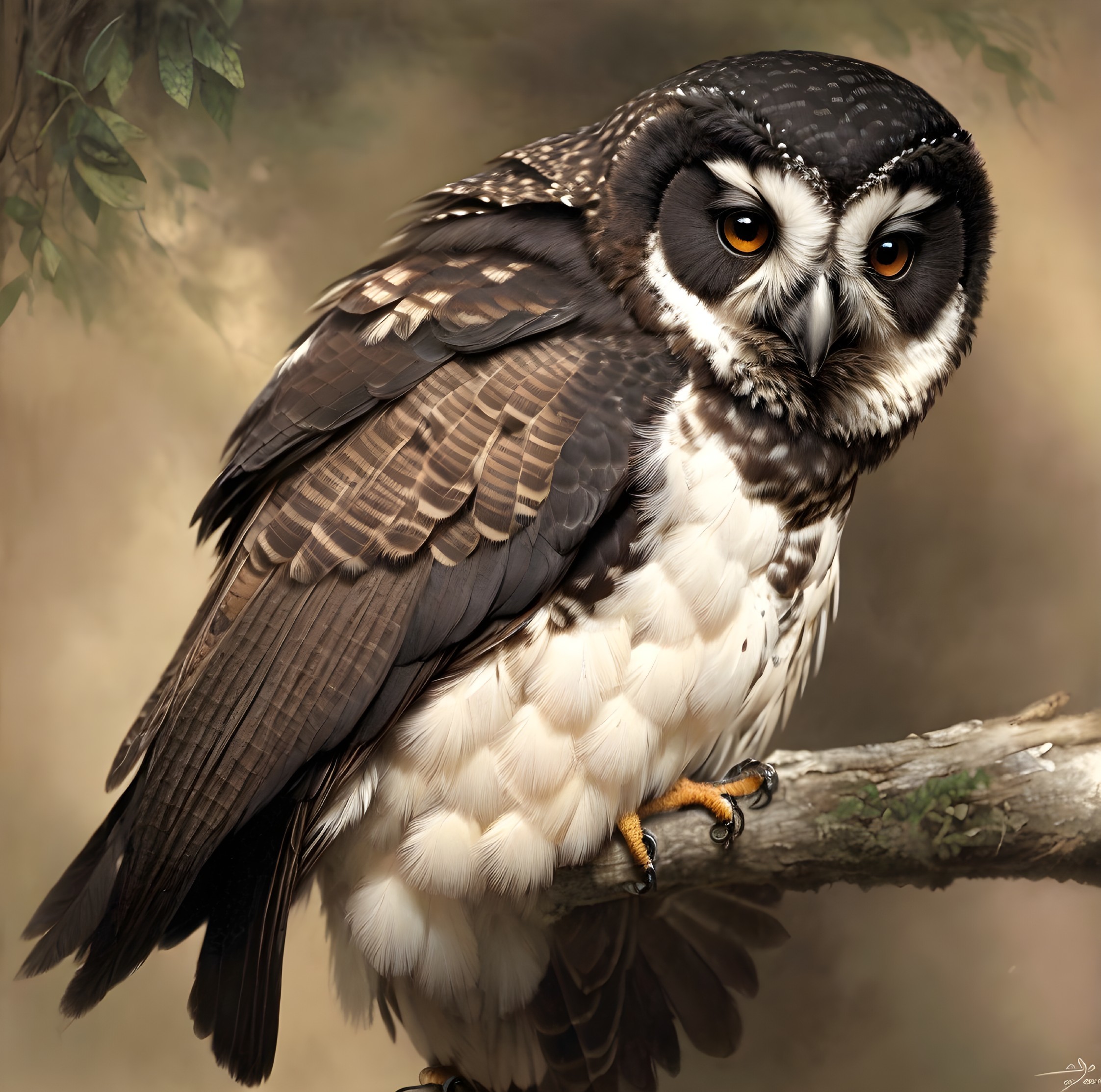 Perched owl with orange eyes and mottled feathers against foliage