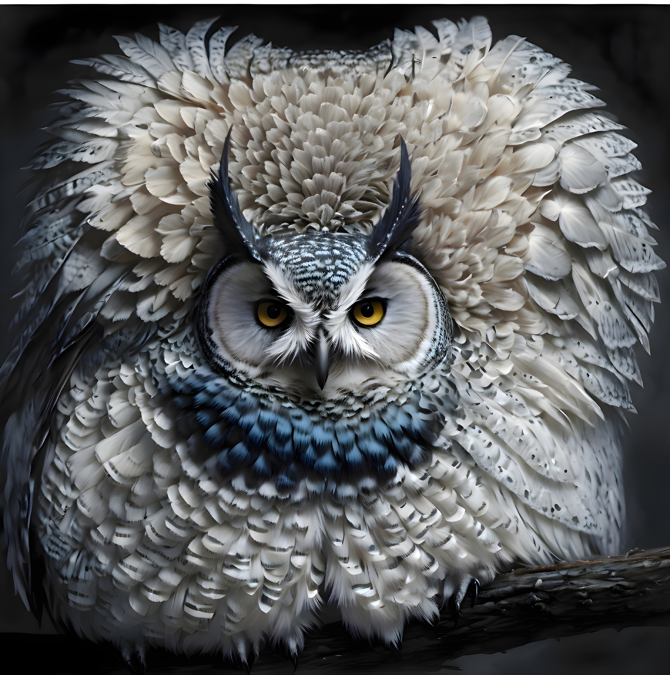Detailed Owl Illustration: Yellow Eyes, White & Gray Feathers
