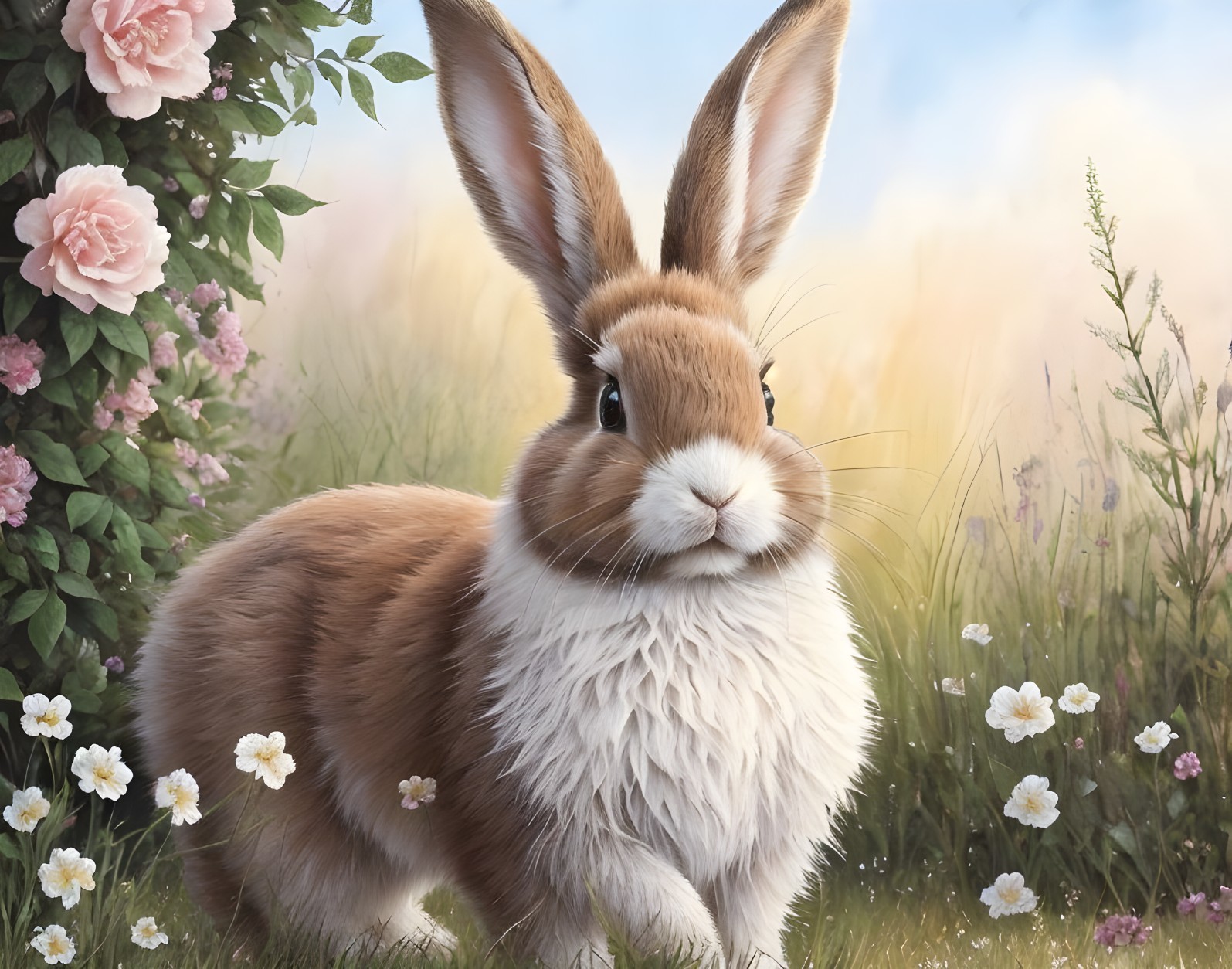 Realistic fluffy brown and white rabbit in serene garden with roses and flowers