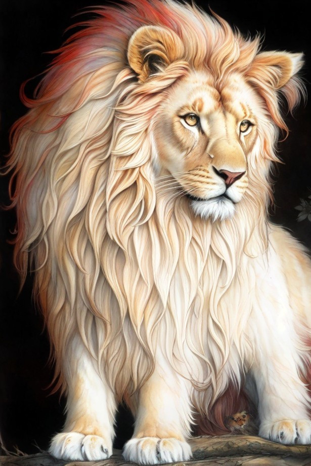 Majestic Lion with Flowing Mane Against Dark Background