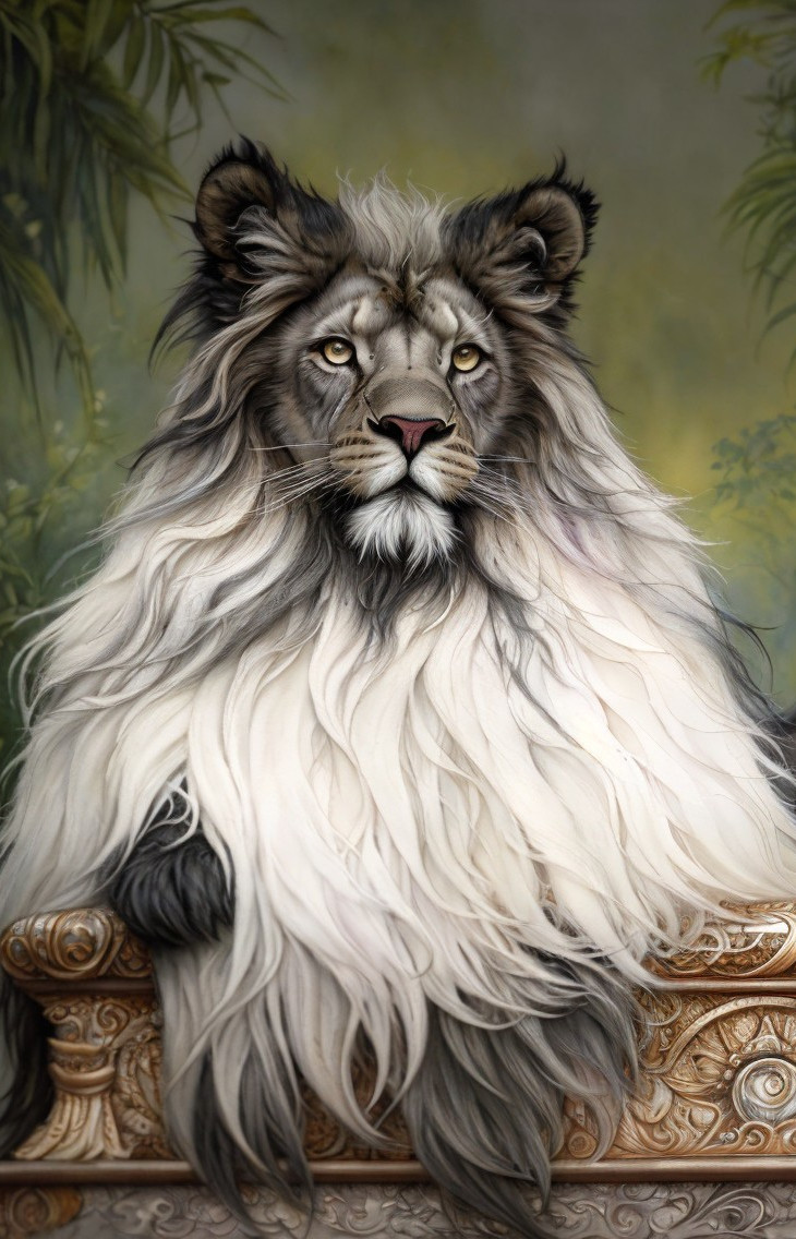 Anthropomorphic lion seated on ornate bench in fantasy art