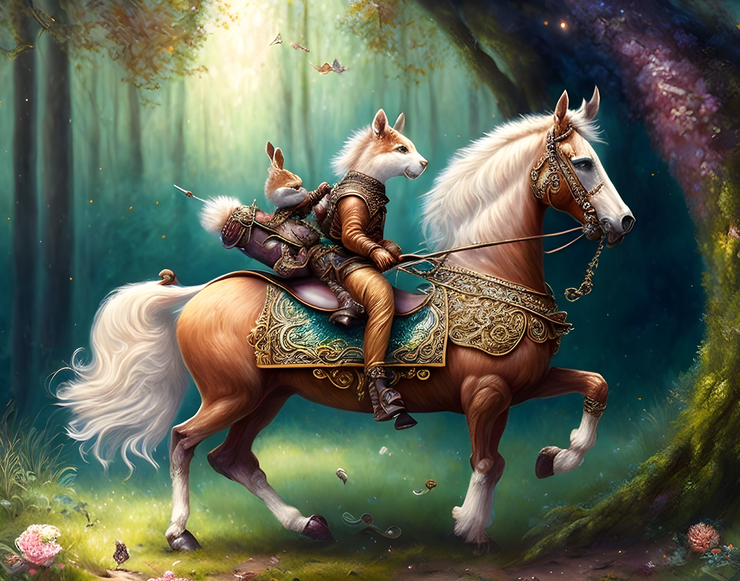 Squirrel Knight in Armor Riding Horse Through Enchanted Forest