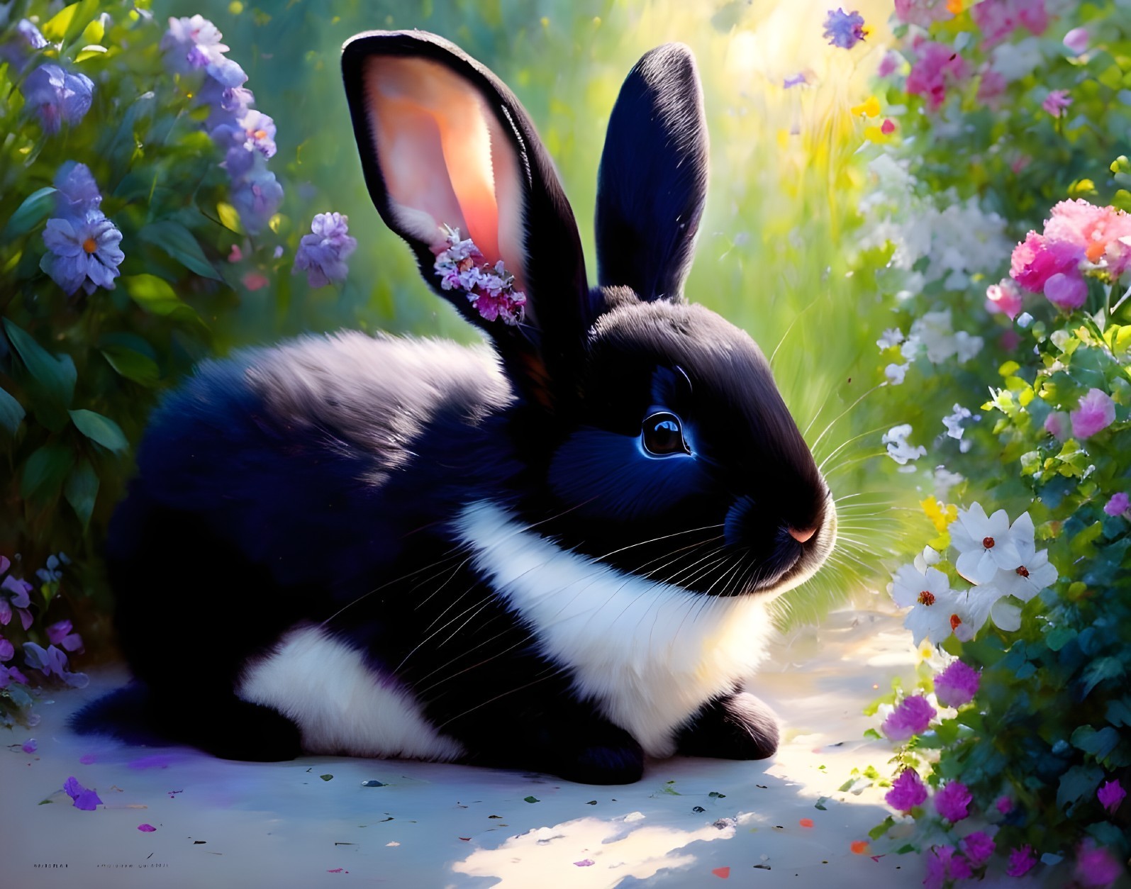 Black Rabbit in Sunlit Garden Surrounded by Flowers