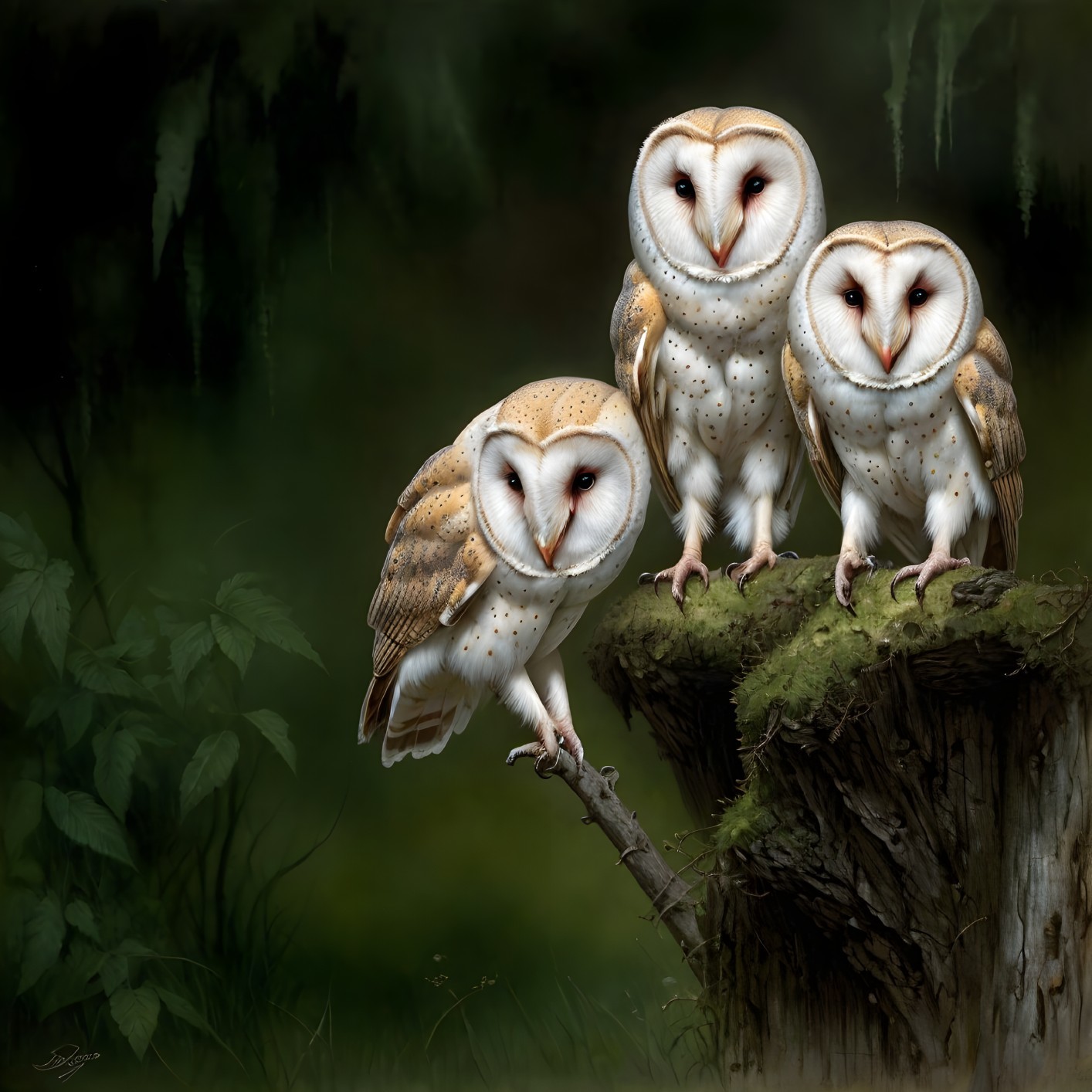 Three barn owls on tree stump in dimly lit forest