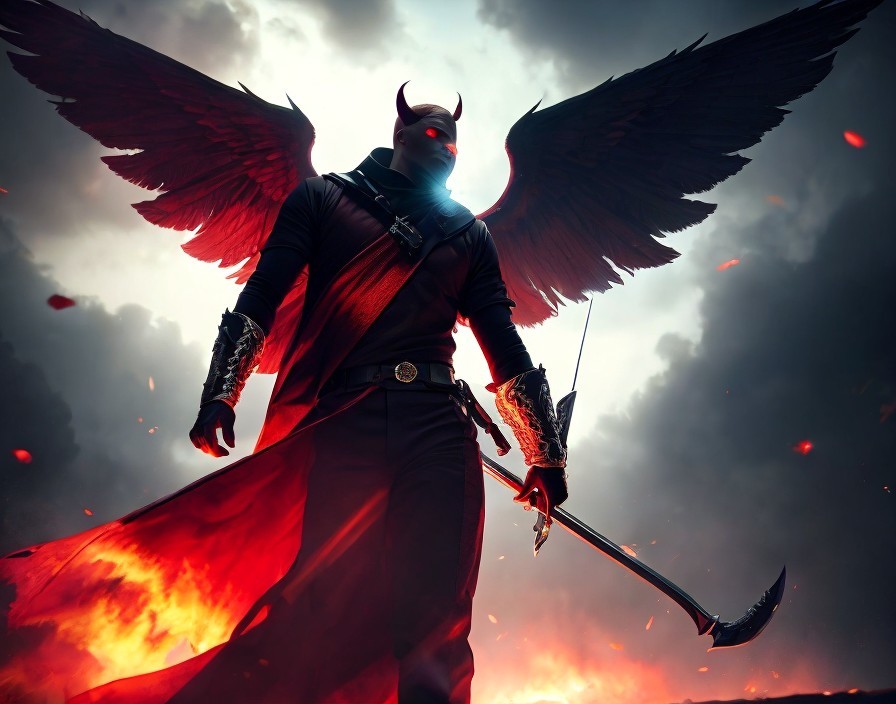 Demon-like figure with wings and scythe in fiery sky landscape