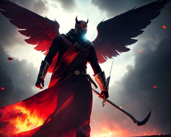 Demon-like figure with wings and scythe in fiery sky landscape