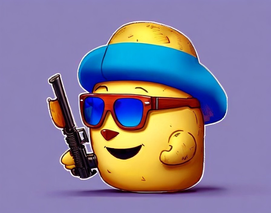 Smiling potato character with sunglasses and fedora holding a gun on purple background