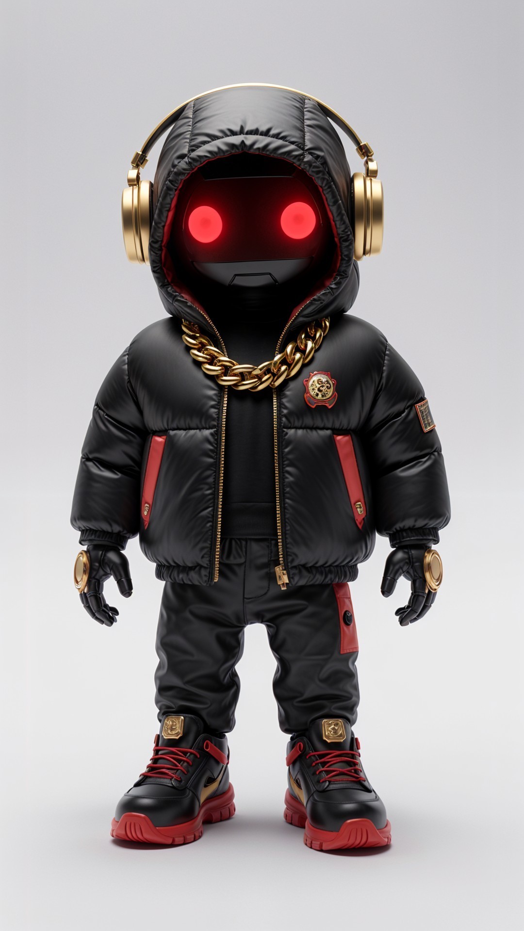 Stylized Toy Figure in Black Puffer Jacket and Gold Accents