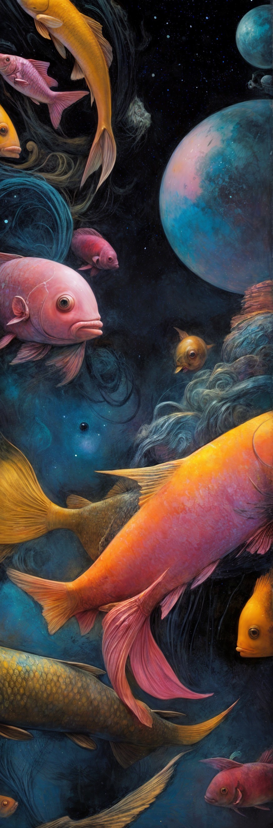 Whimsical Underwater Scene with Cosmic Elements