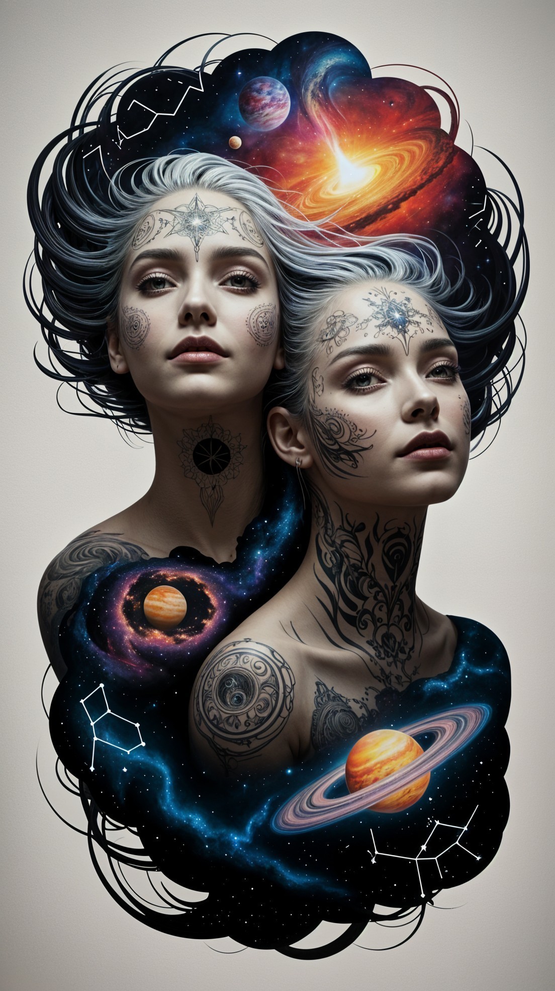 Ethereal Women with Silver Hair in Cosmic Backdrop