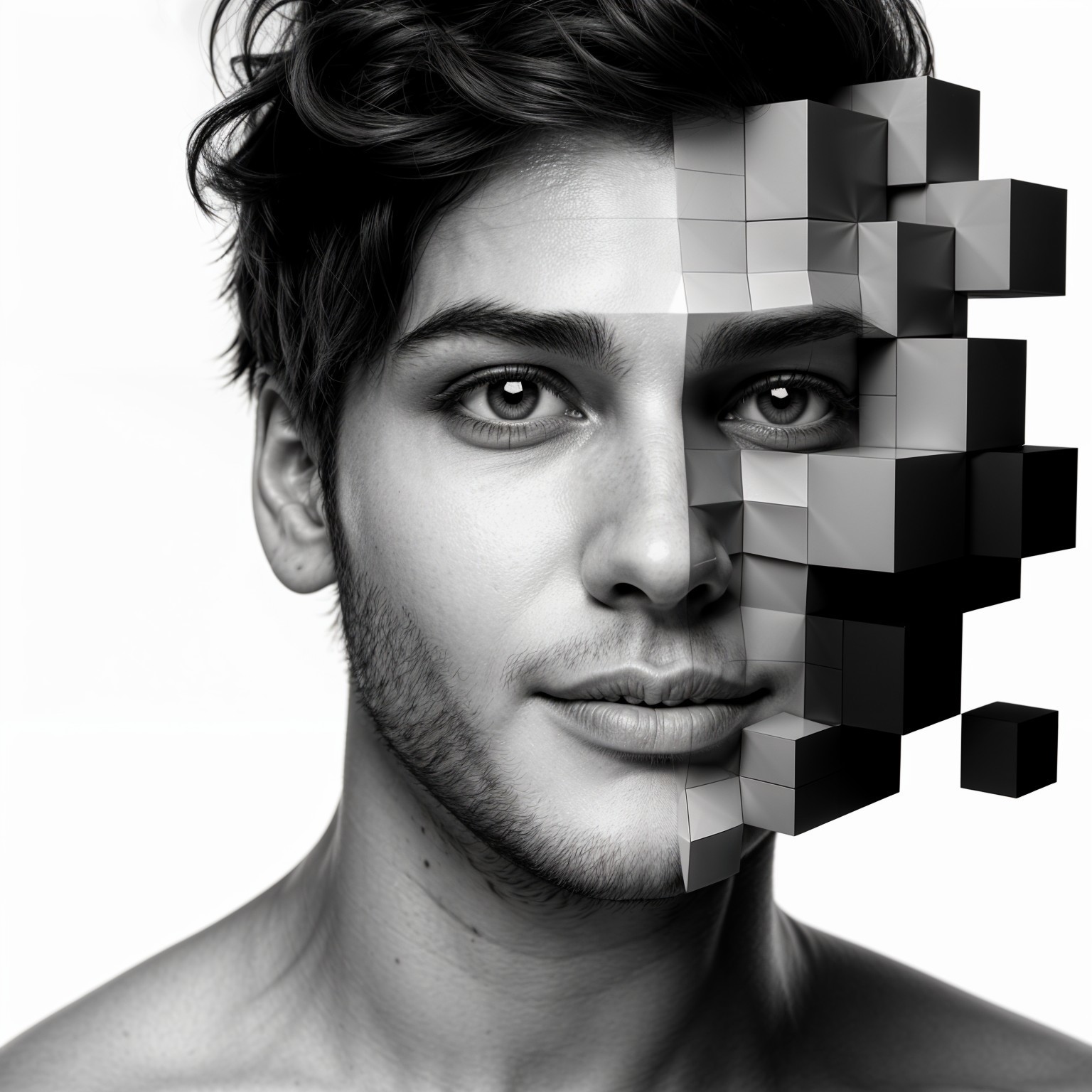 Young man with a face transformed into cubes and fragments