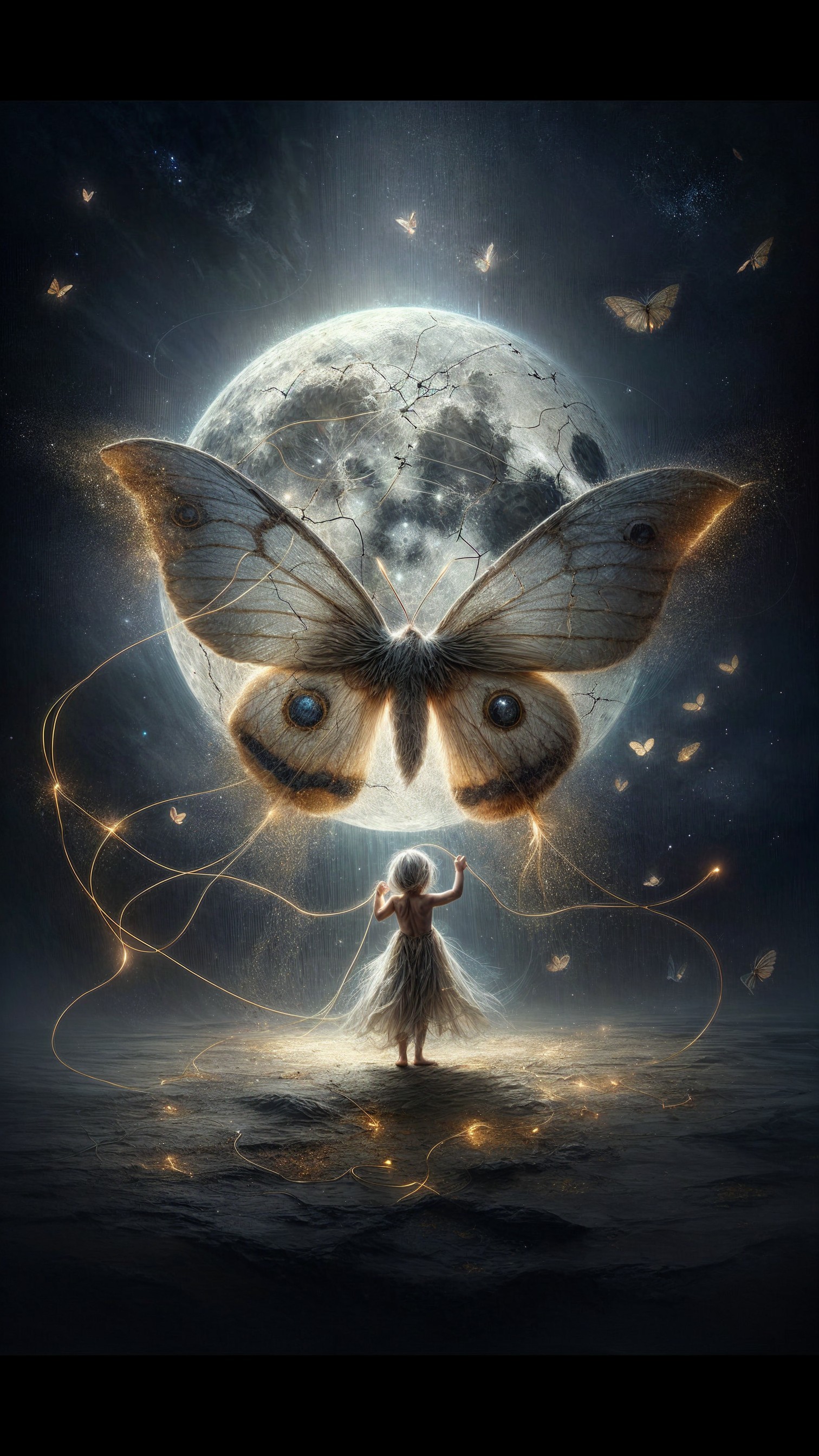 Young girl with butterfly wings under a glowing moon