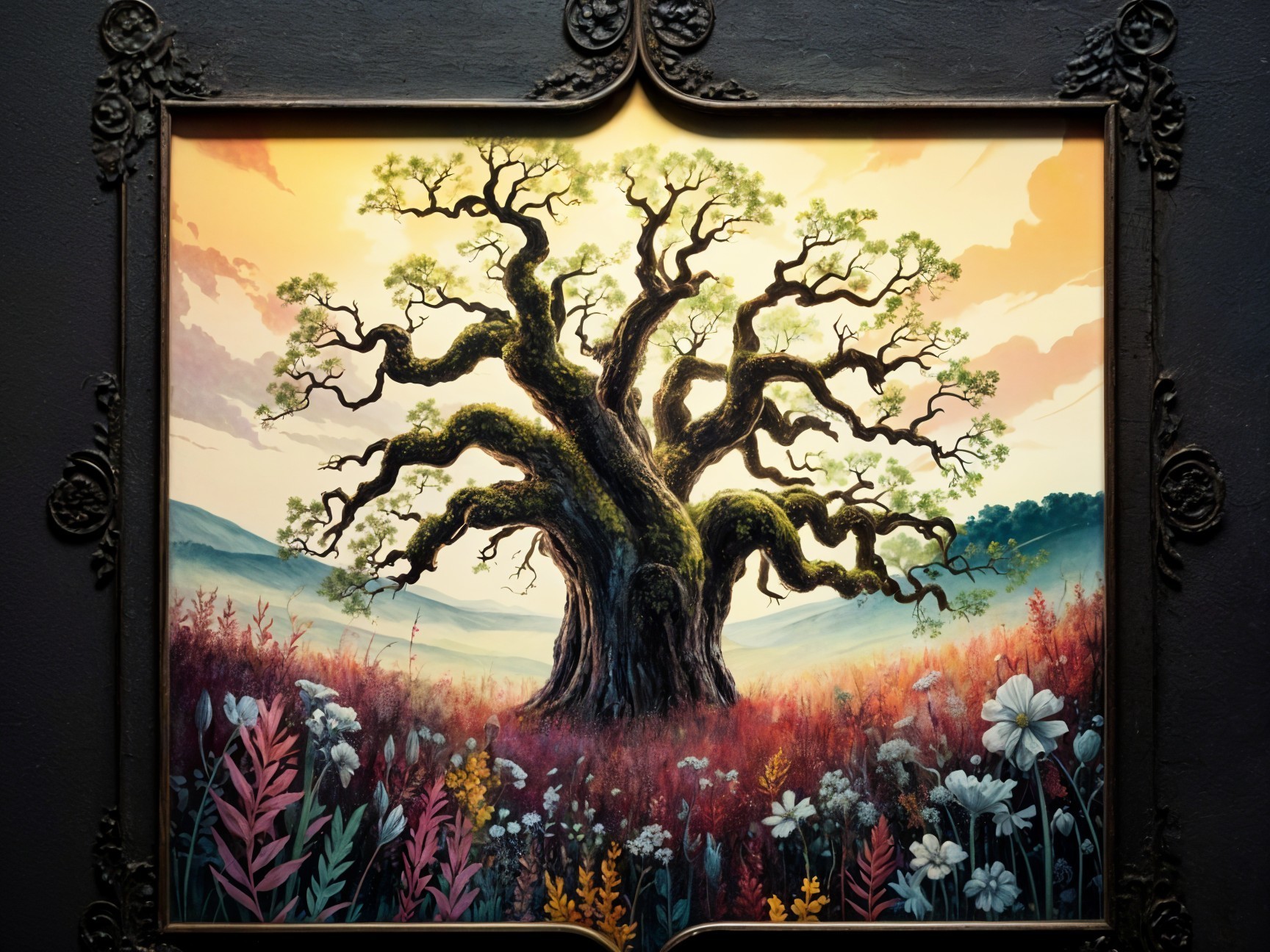 Majestic tree with twisted branches and vibrant scenery