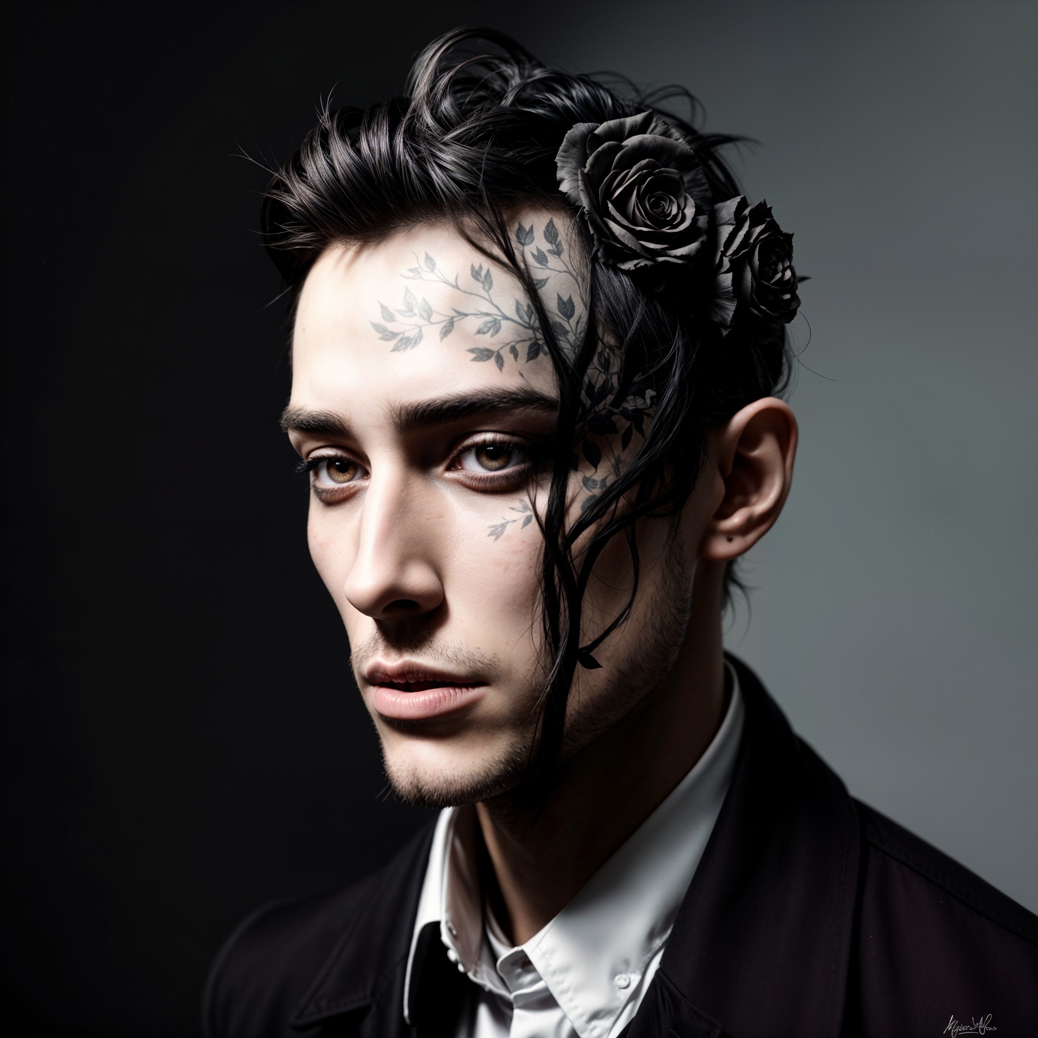 Young man with floral tattoos and stylish attire