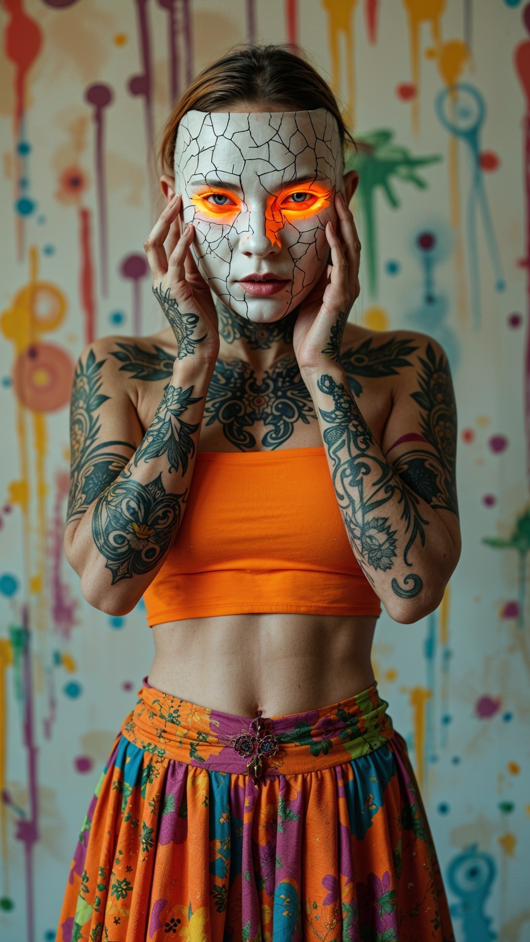 Figure in Vibrant Attire Against Graffiti Backdrop