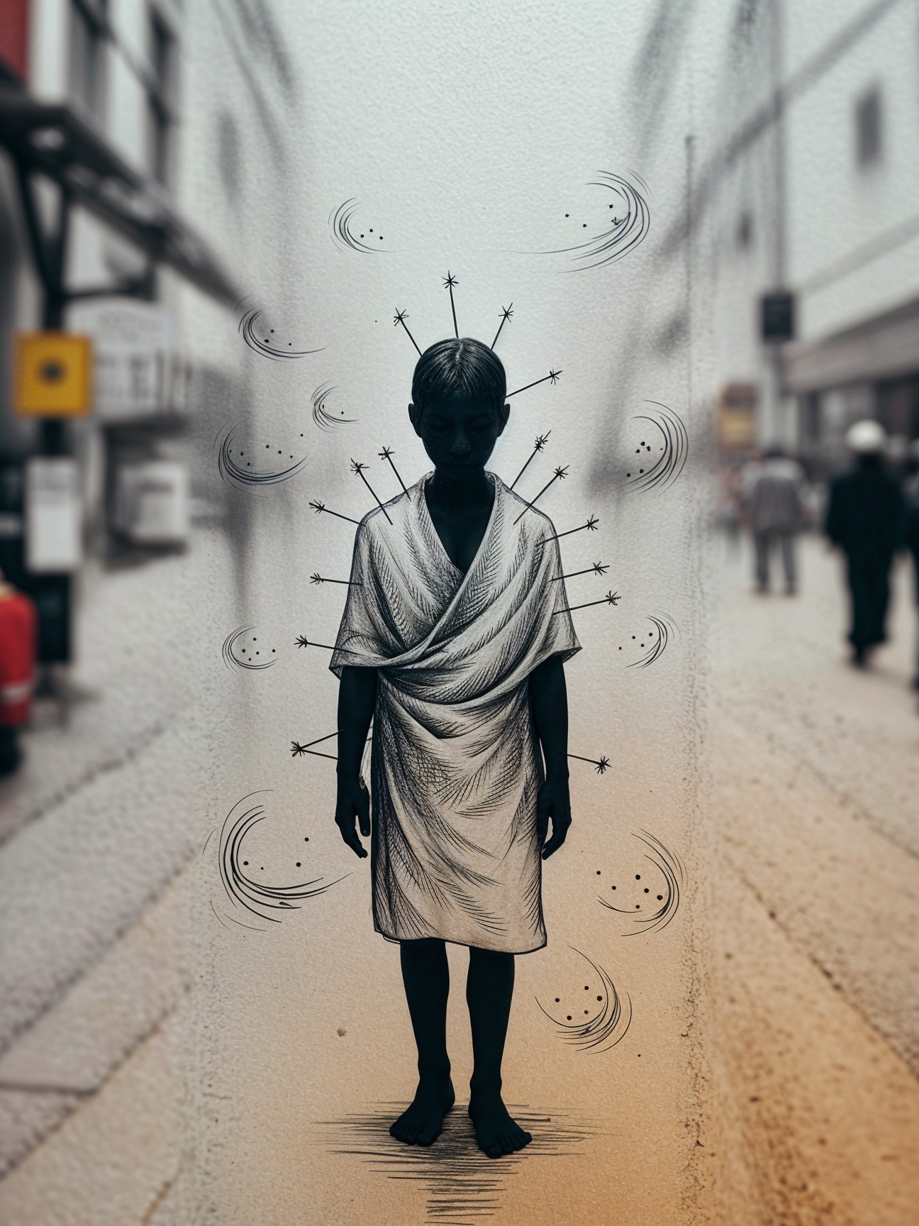 Child in flowing garment amidst urban backdrop and stars