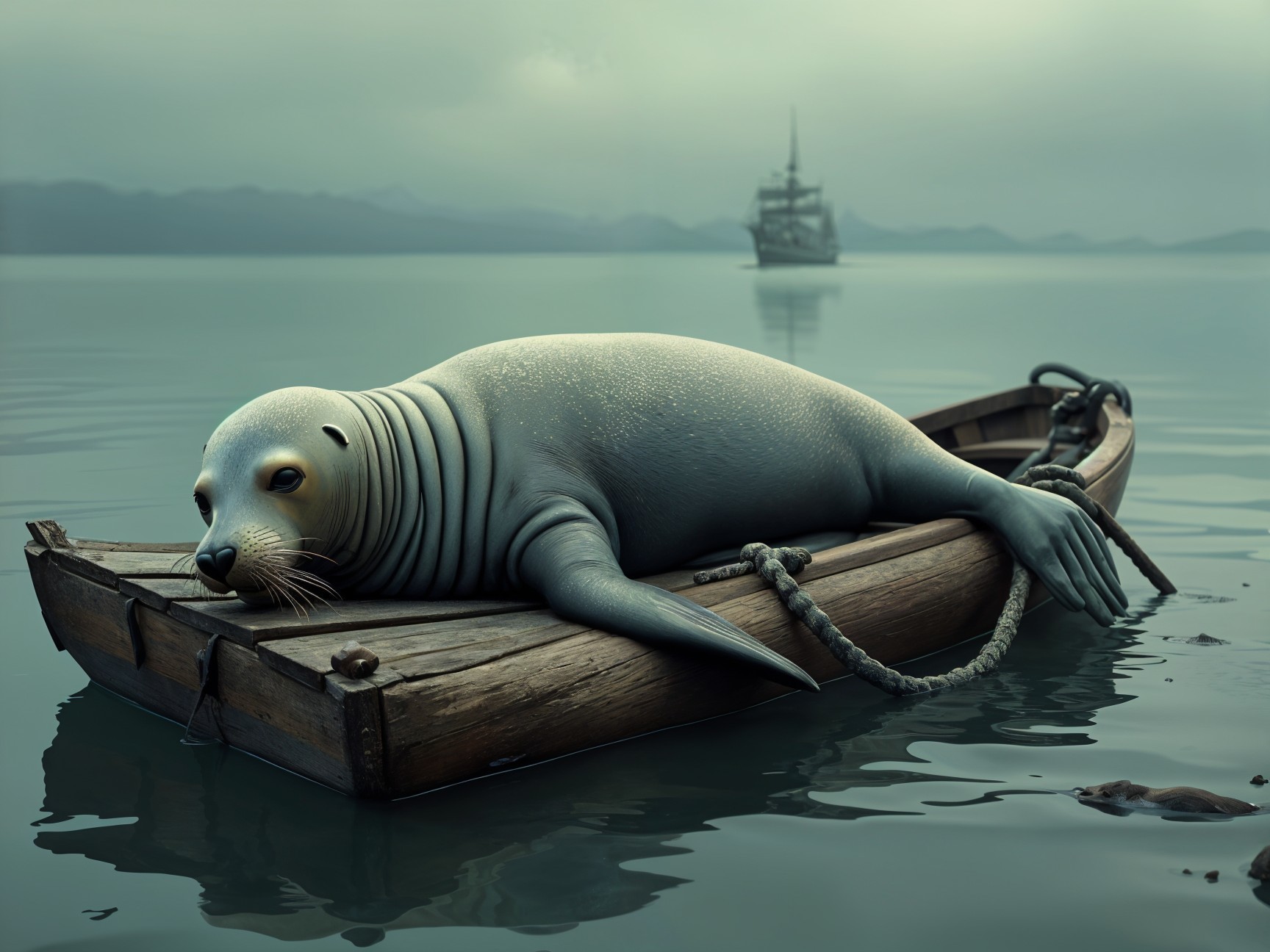 Seal on a Wooden Boat in a Misty Waterway Scene