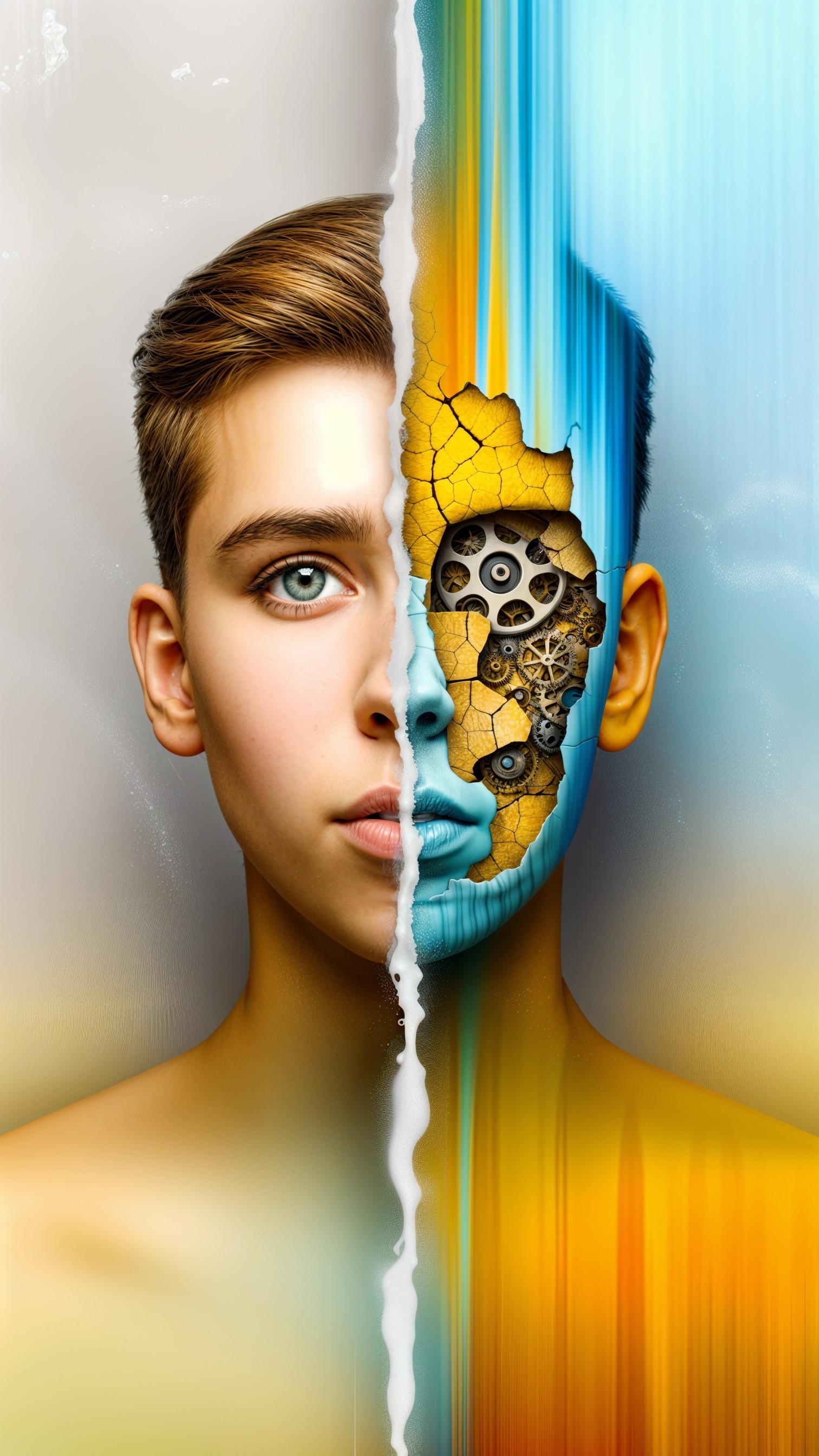 Young Person's Face Split: Natural and Mechanical Elements