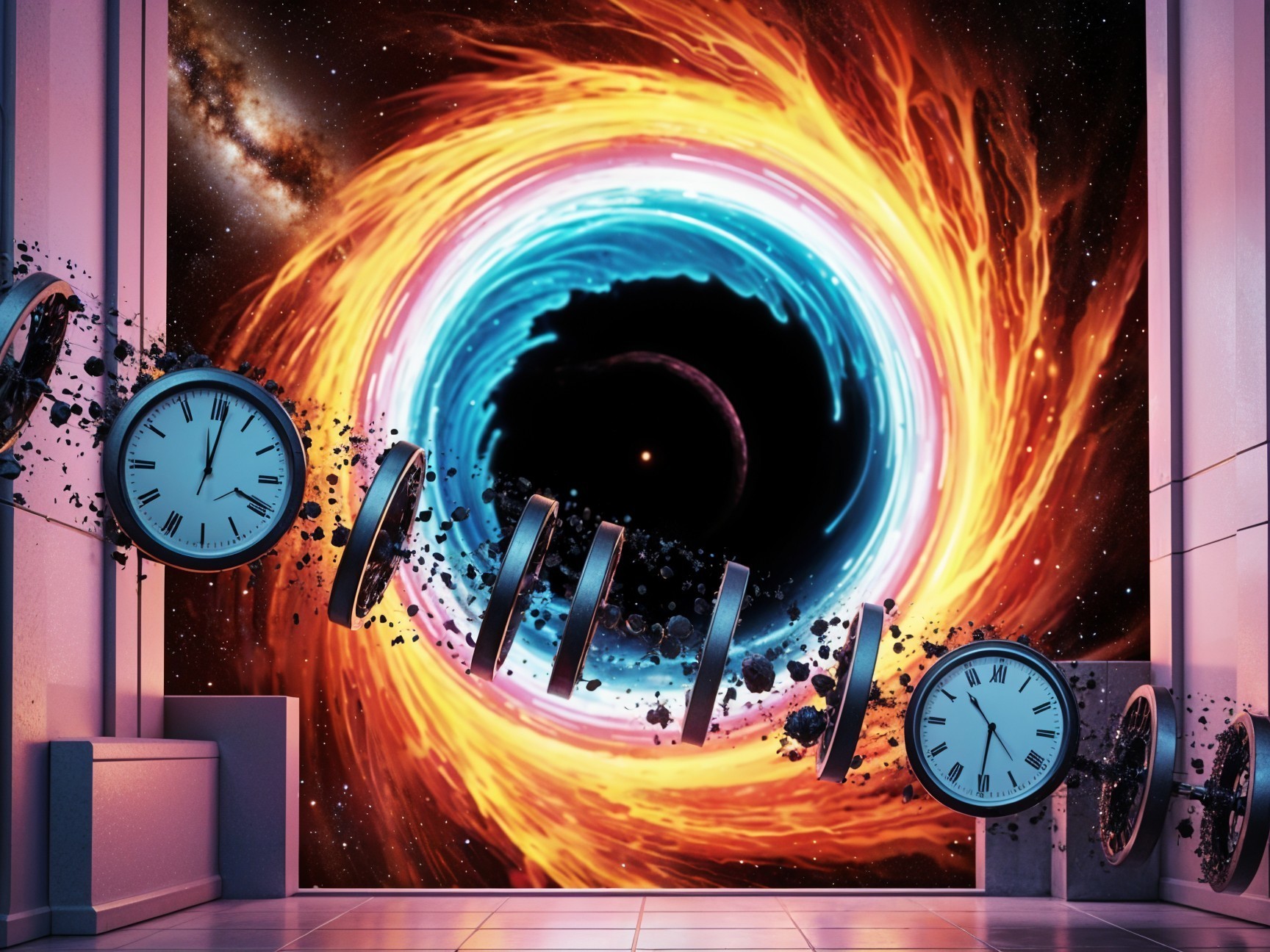 Vibrant Cosmic Scene with Black Hole and Clocks