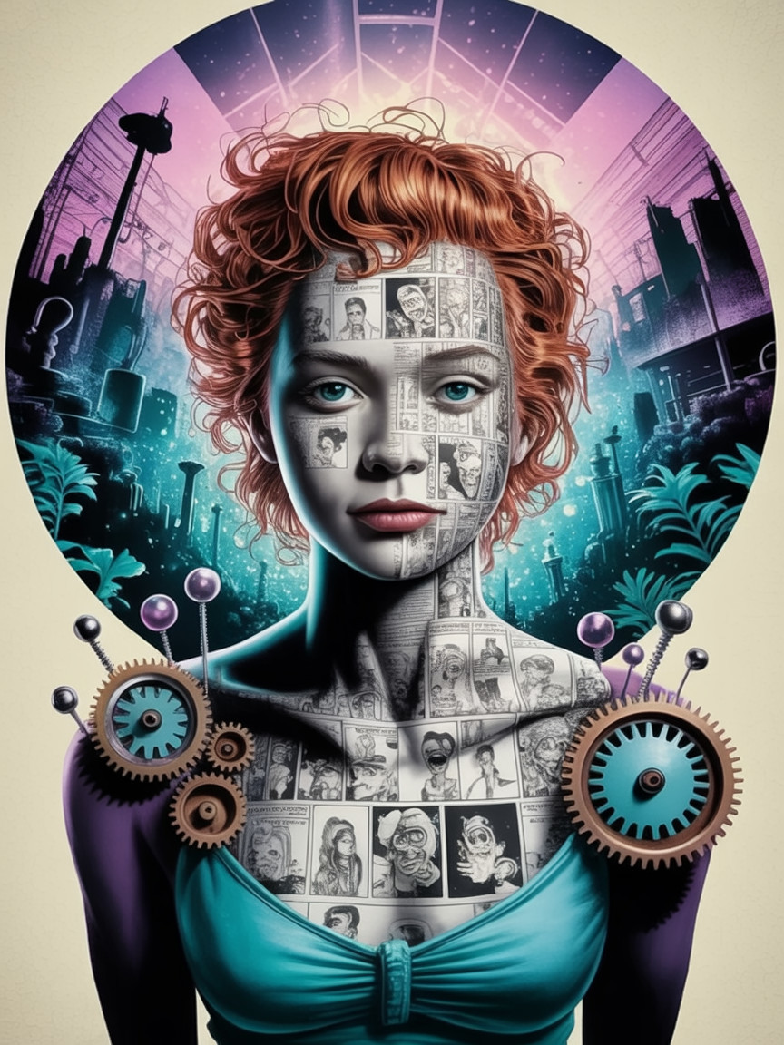 Woman with Red Hair in Comic-Inspired Art Setting
