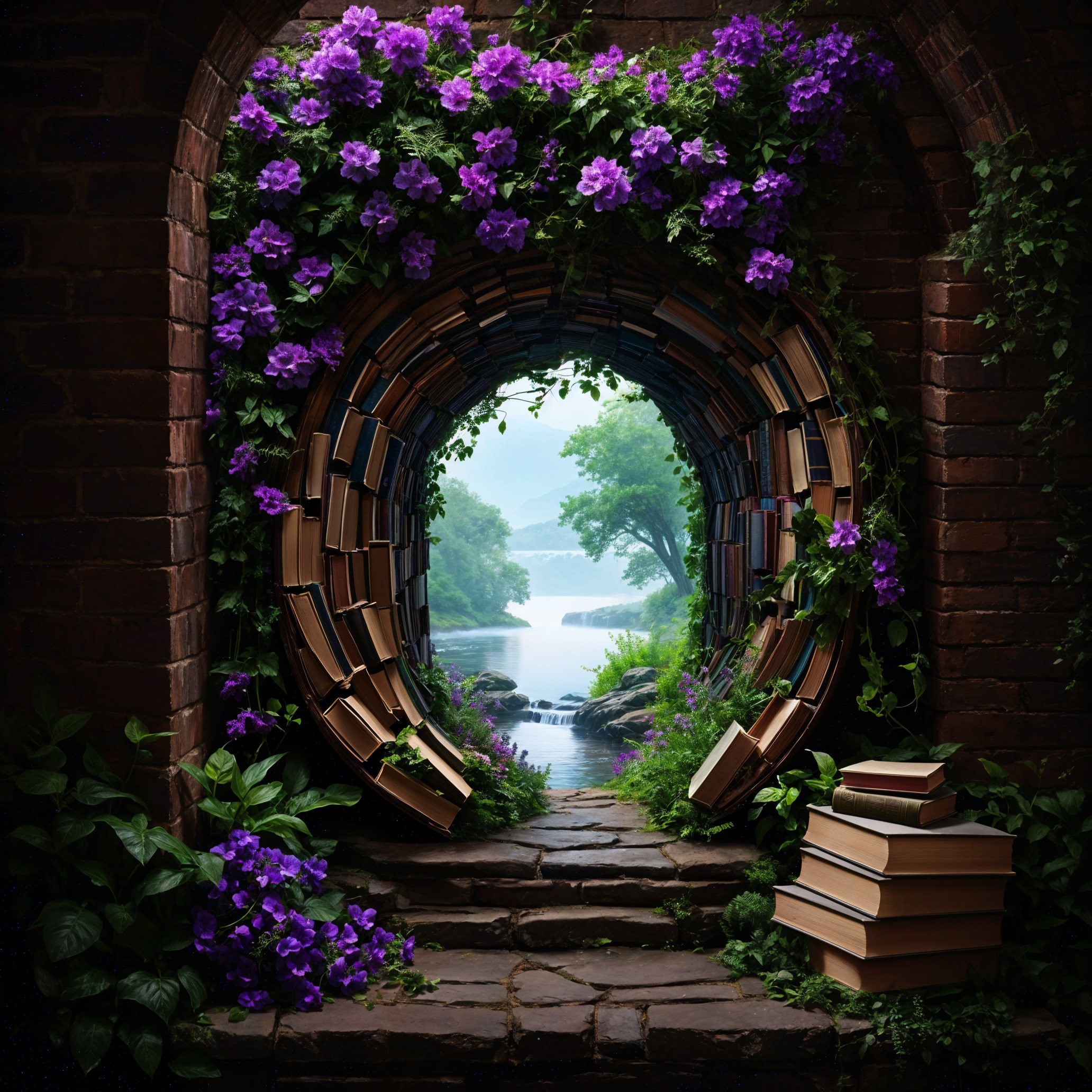 Magical Book Archway Surrounded by Lush Nature