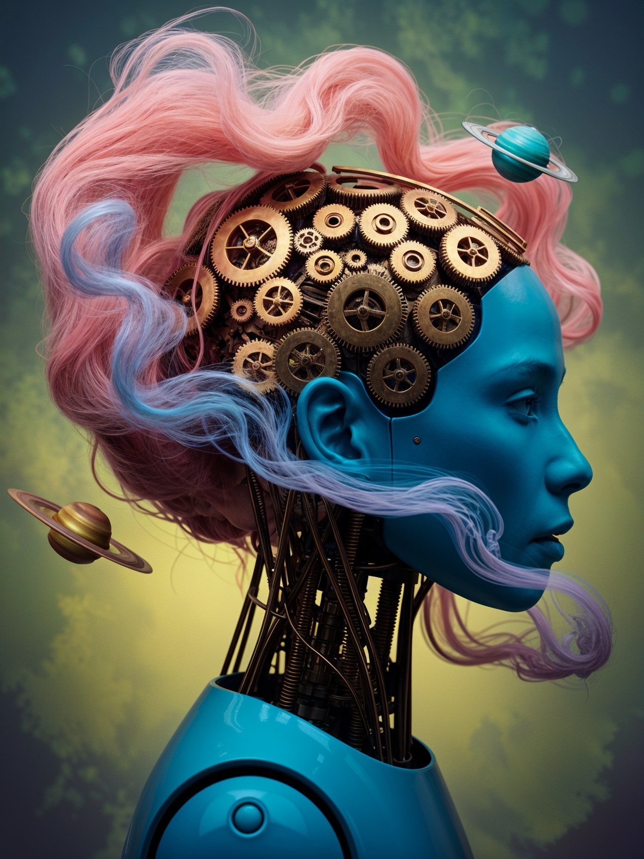 Futuristic robot with blue face and cosmic elements