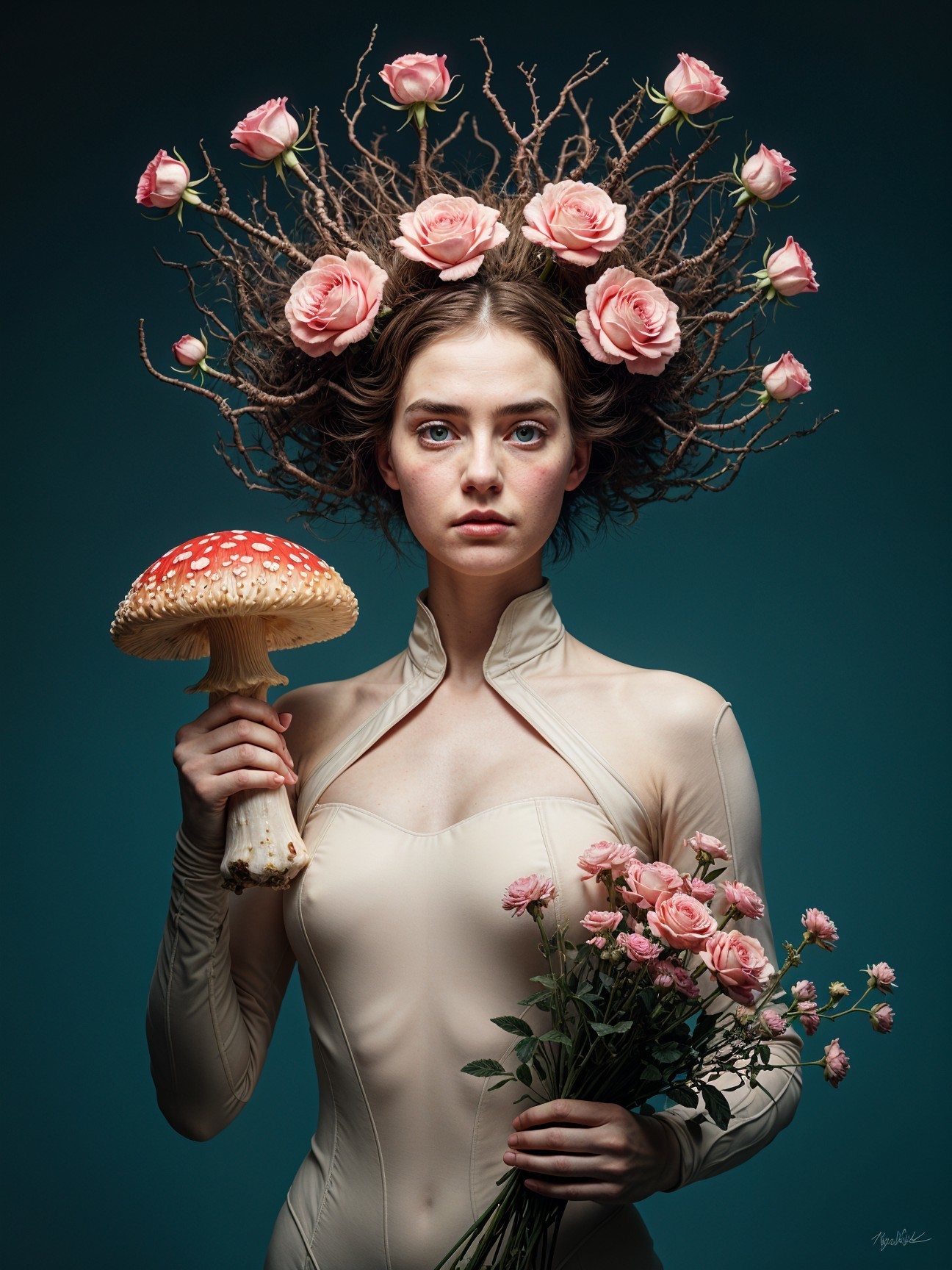 Surreal Portrait of Woman with Branch-Like Hair