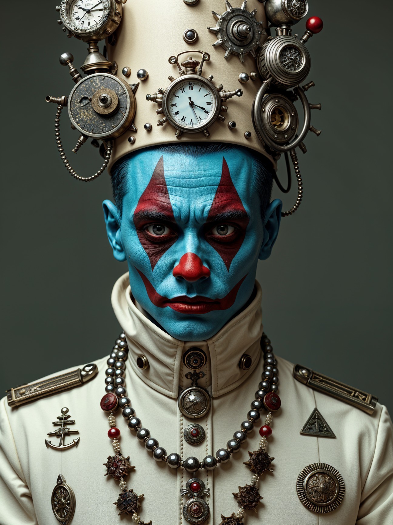 Portrait of a man with blue face paint and clown makeup
